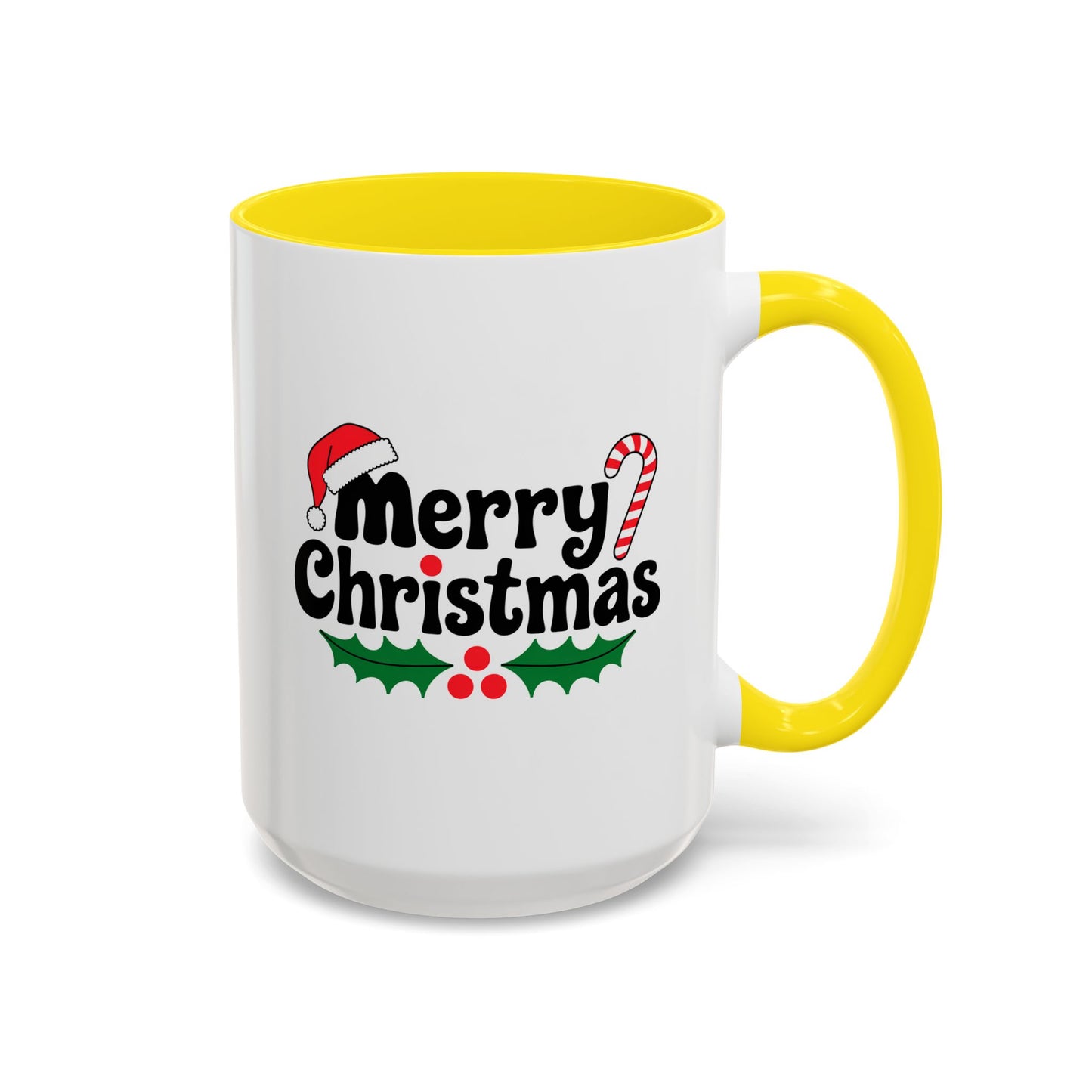 Christmas Mug - Merry Christmas Black Text Hat Candy Cane Mistletoe