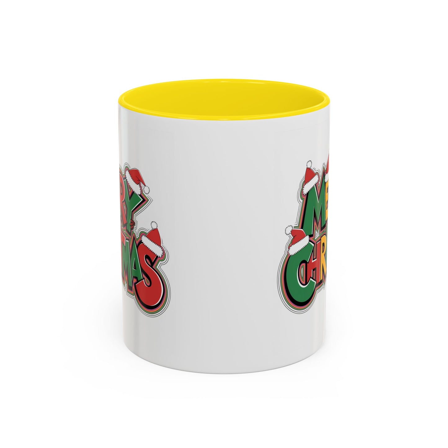 Christmas Mug - Merry Christmas Green Yellow & Red Text Hats
