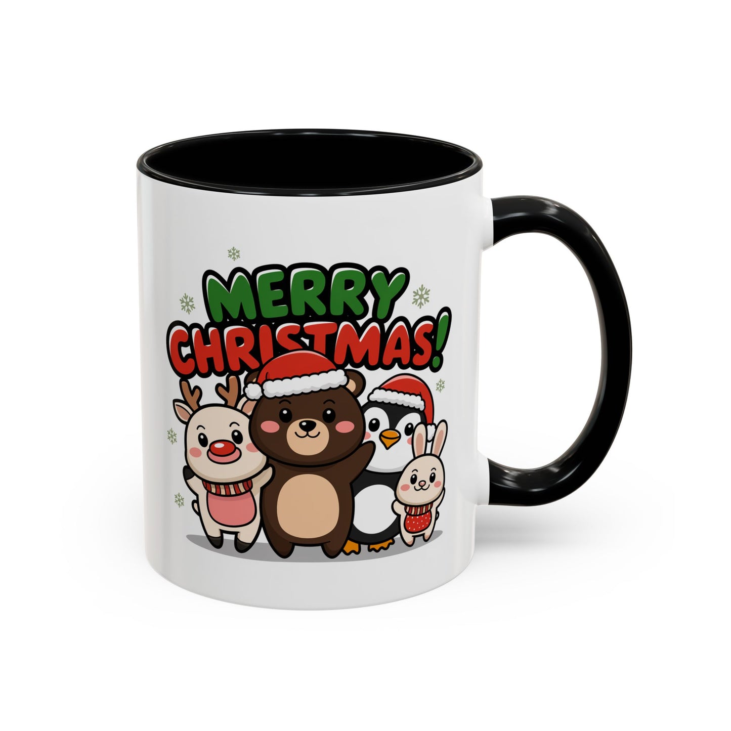 Christmas Mug - Merry Christmas Green & Red Text Cute Animals