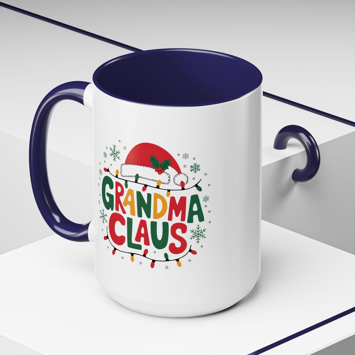 Christmas Mug - Grandma Claus Green Yellow & Red Text Hat Lights Stars