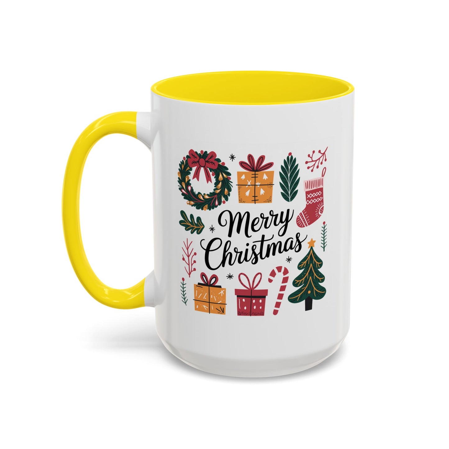 Christmas Mug - Merry Christmas Green Text Presents Tree Candy Cane