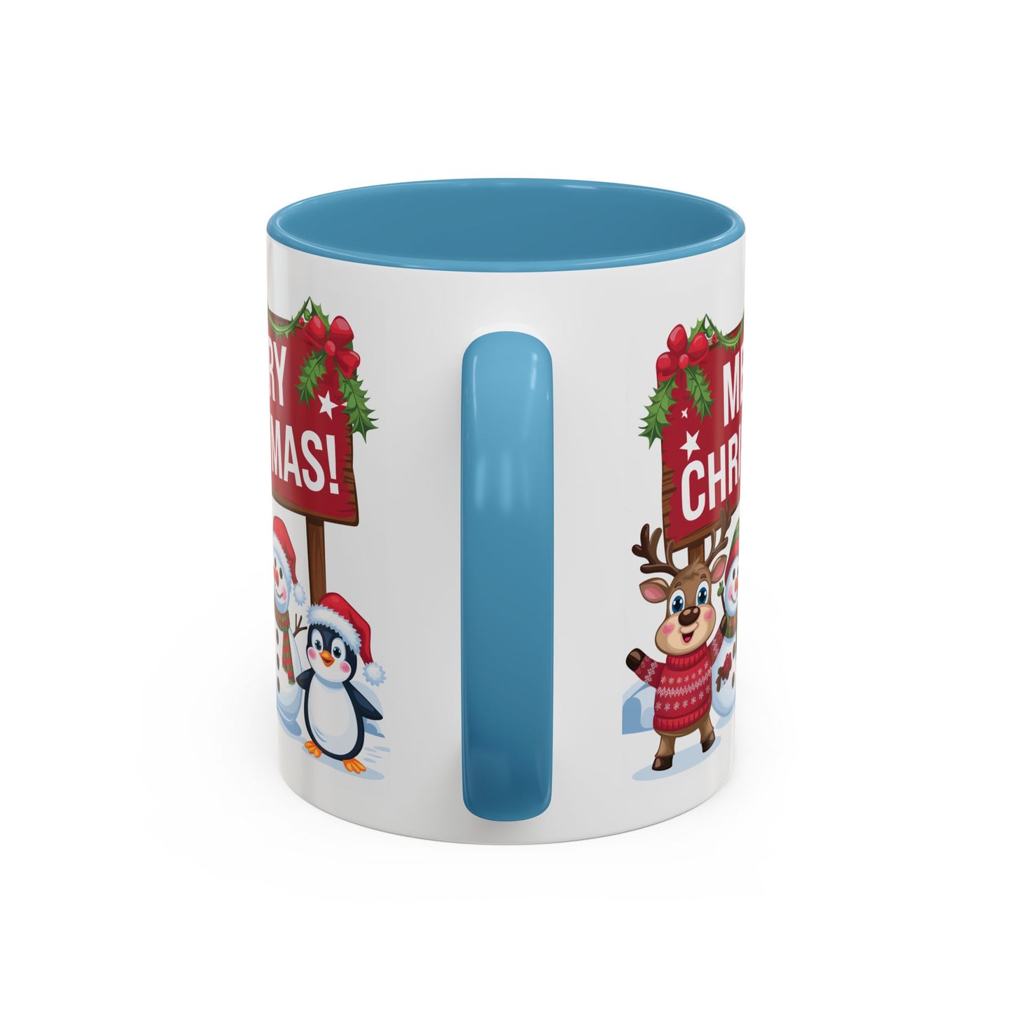 Christmas Mug - Merry Christmas White Text Reindeer Snowmen Penguin