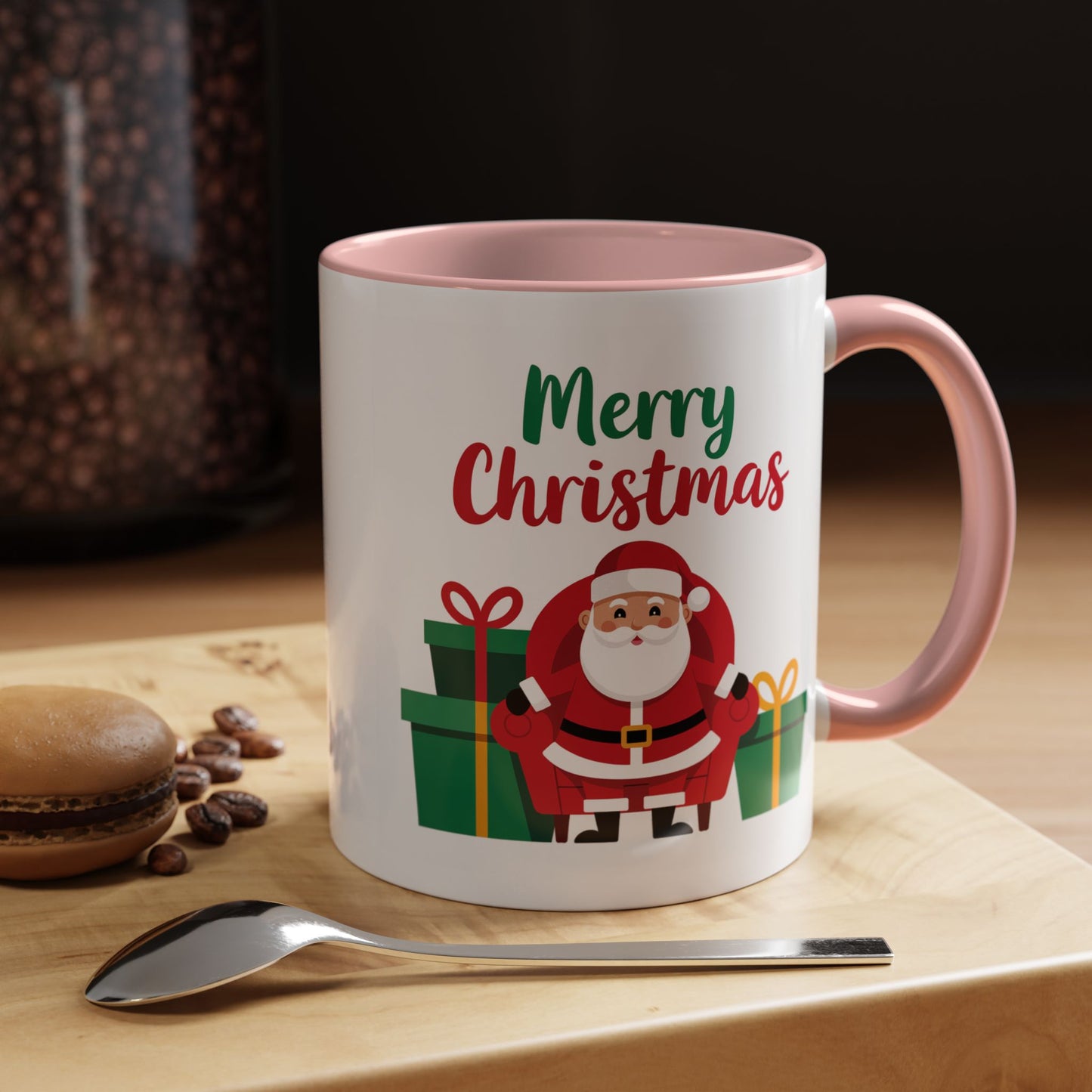 Christmas Mug - Merry Christmas Green & Red Text Santa Presents