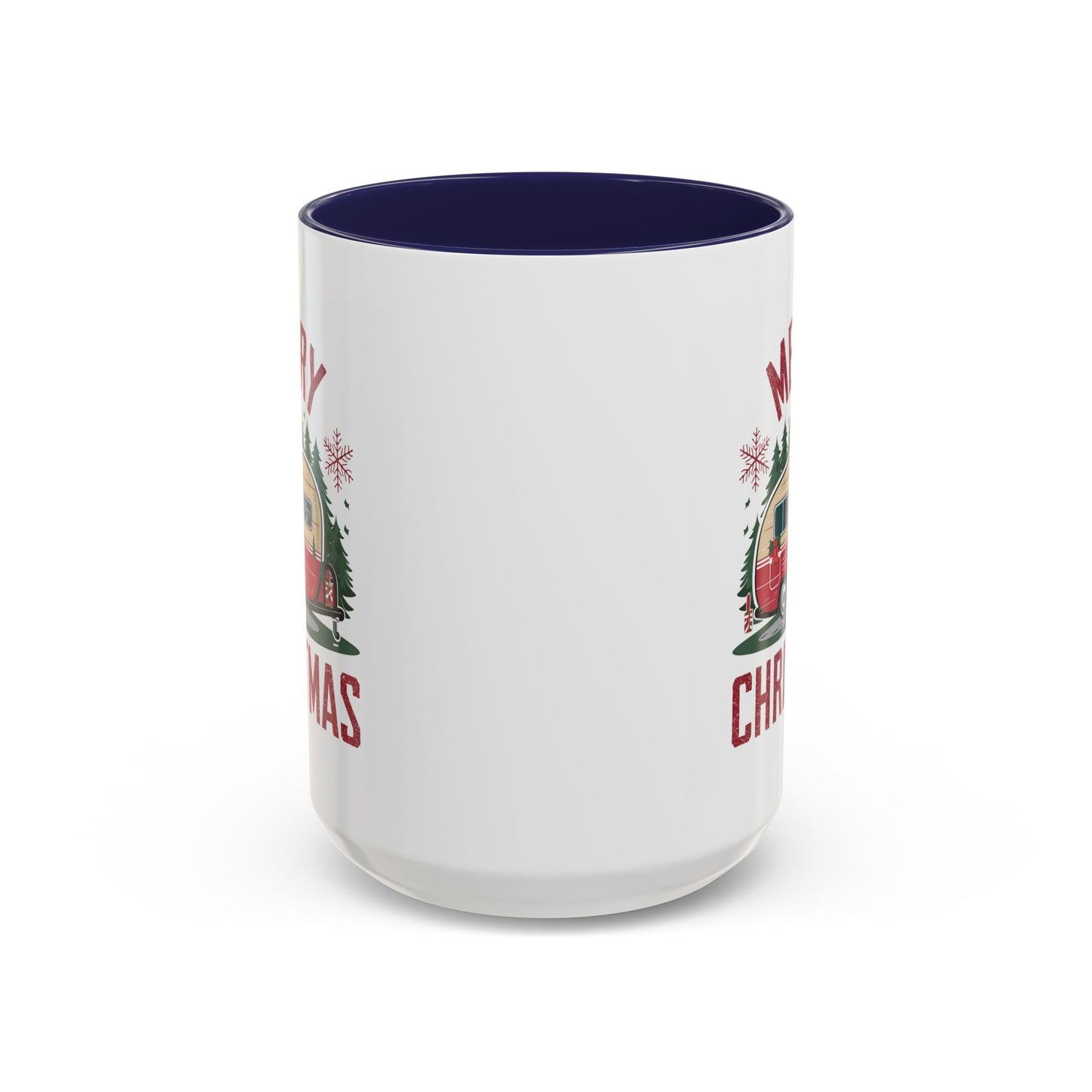 Christmas Mug - Merry Christmas Maroon Text Camper Trees Snowflakes