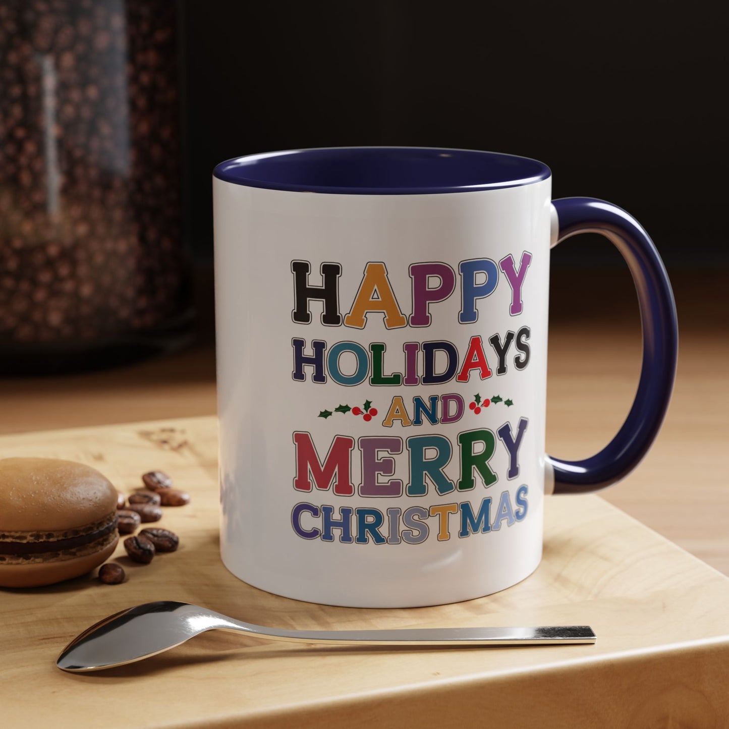 Christmas Mug - Happy Holidays and Merry Christmas Blue Yellow Purple Orange Red Text