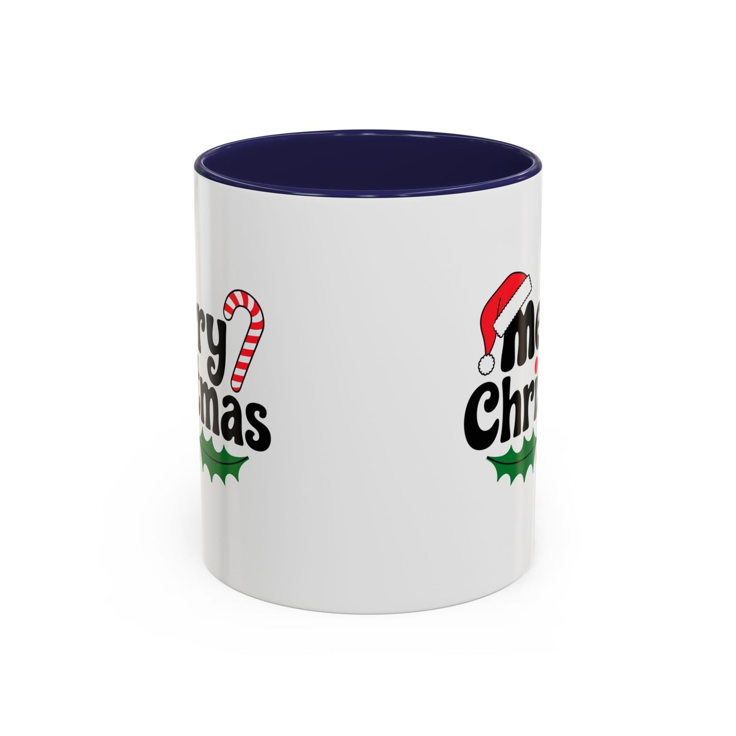 Christmas Mug - Merry Christmas Black Text Hat Candy Cane Mistletoe
