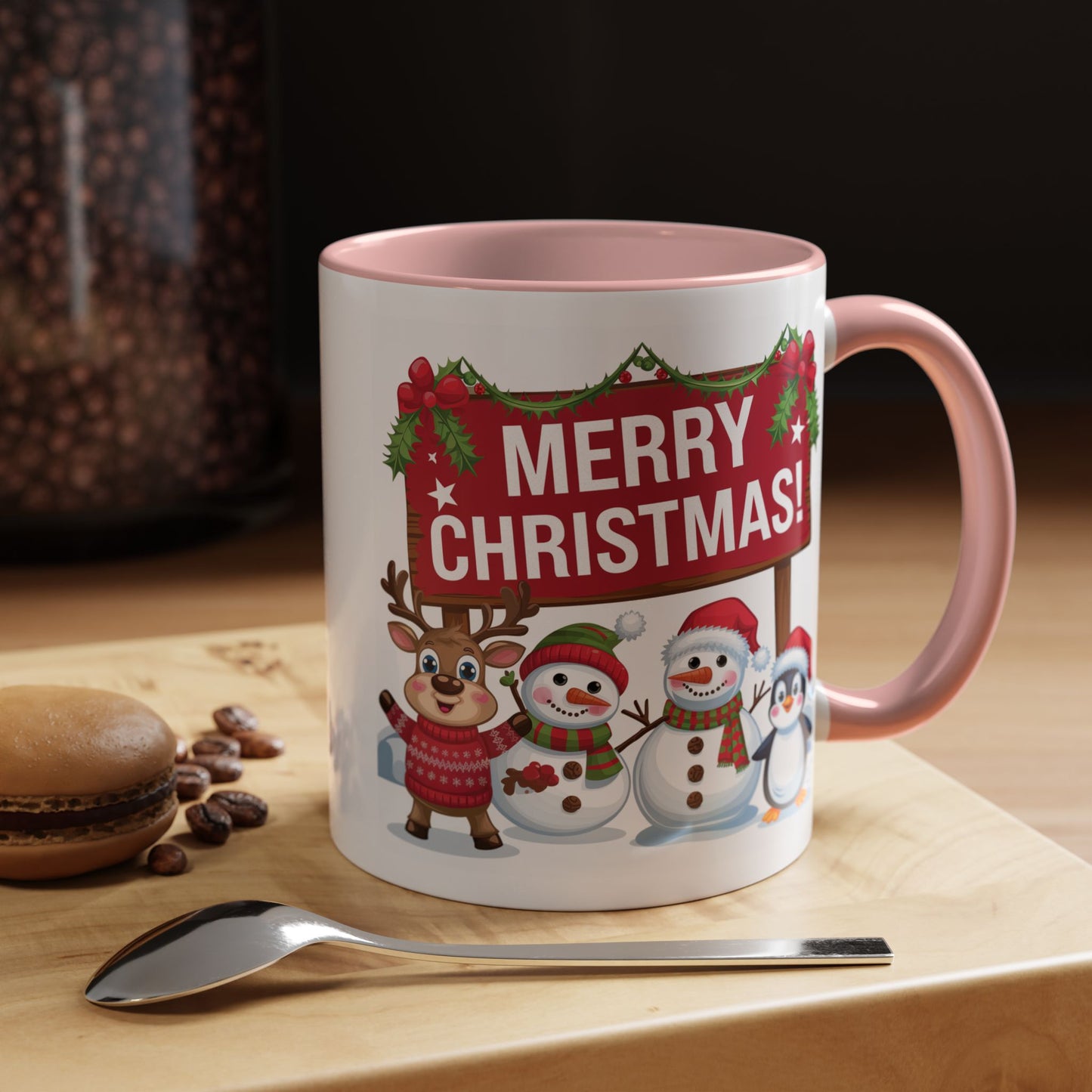 Christmas Mug - Merry Christmas White Text Reindeer Snowmen Penguin