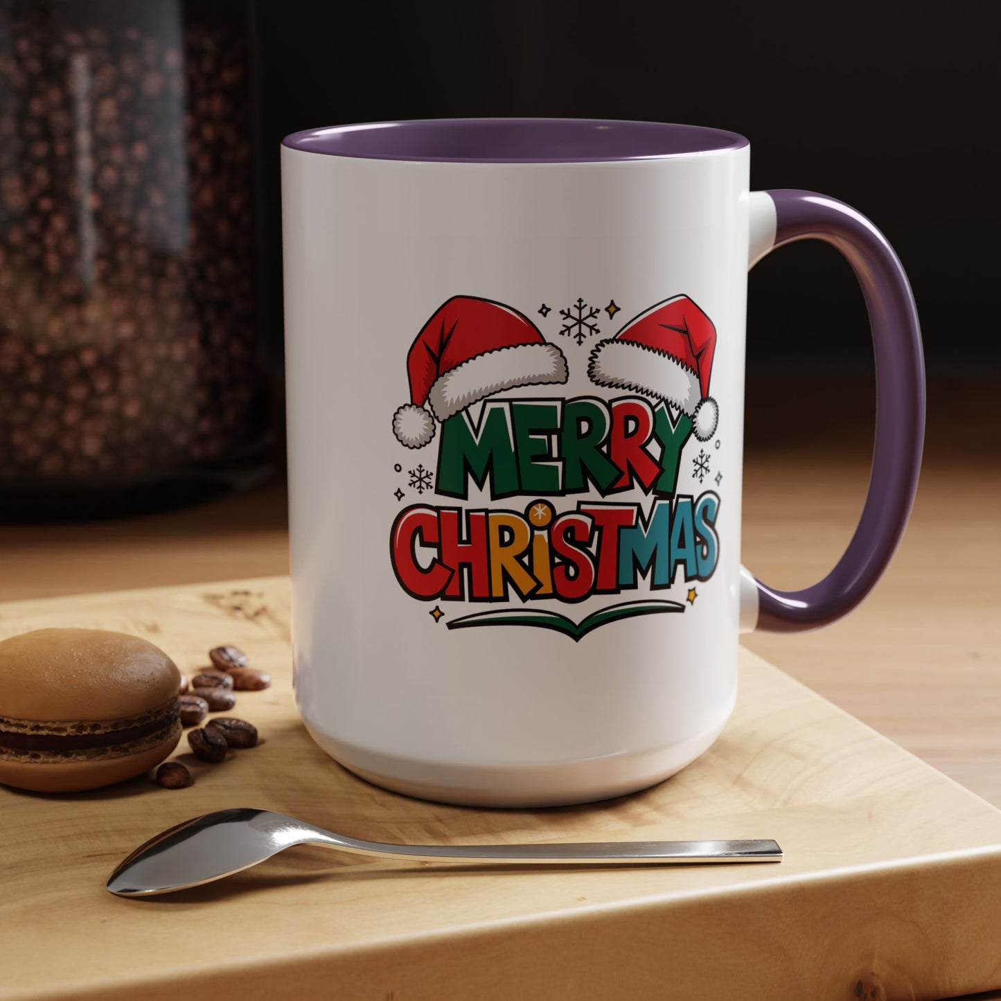 Christmas Mug - Merry Christmas Green Red Yellow and Blue Text Red Hats