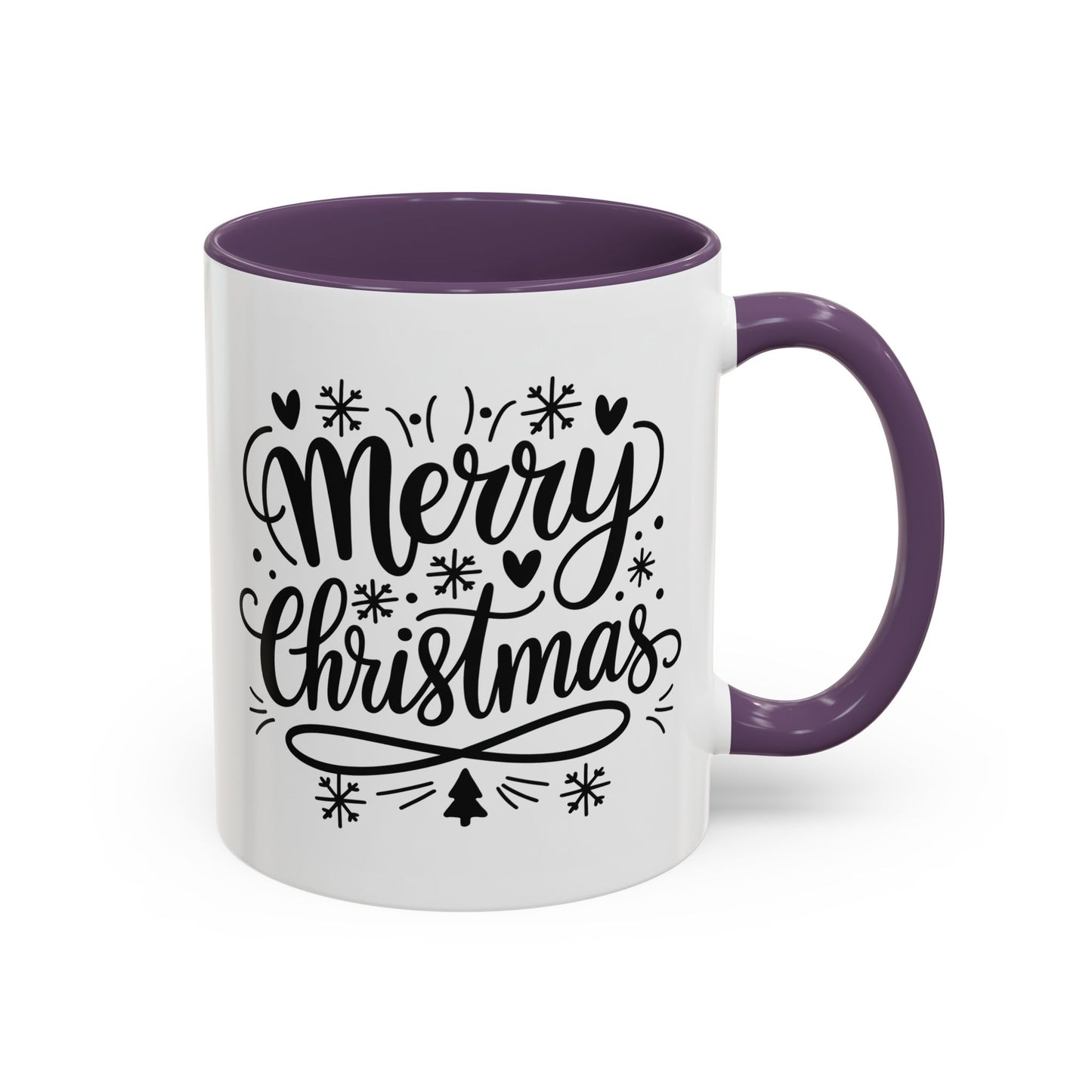 Christmas Mug - Merry Christmas Black Text Tree Snowflakes Hearts