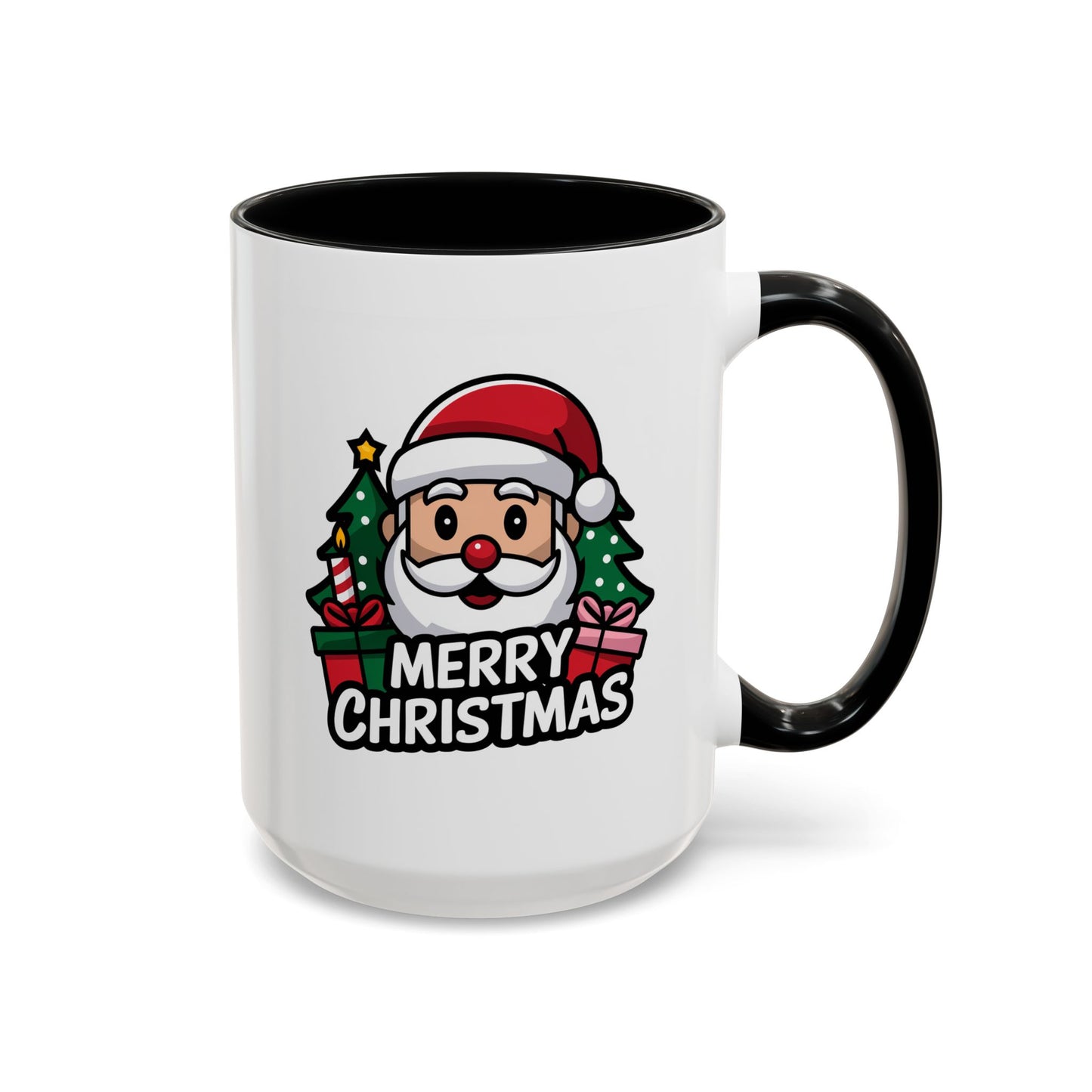 Christmas Mug - Merry Christmas White & Black Text Santa Trees Presents