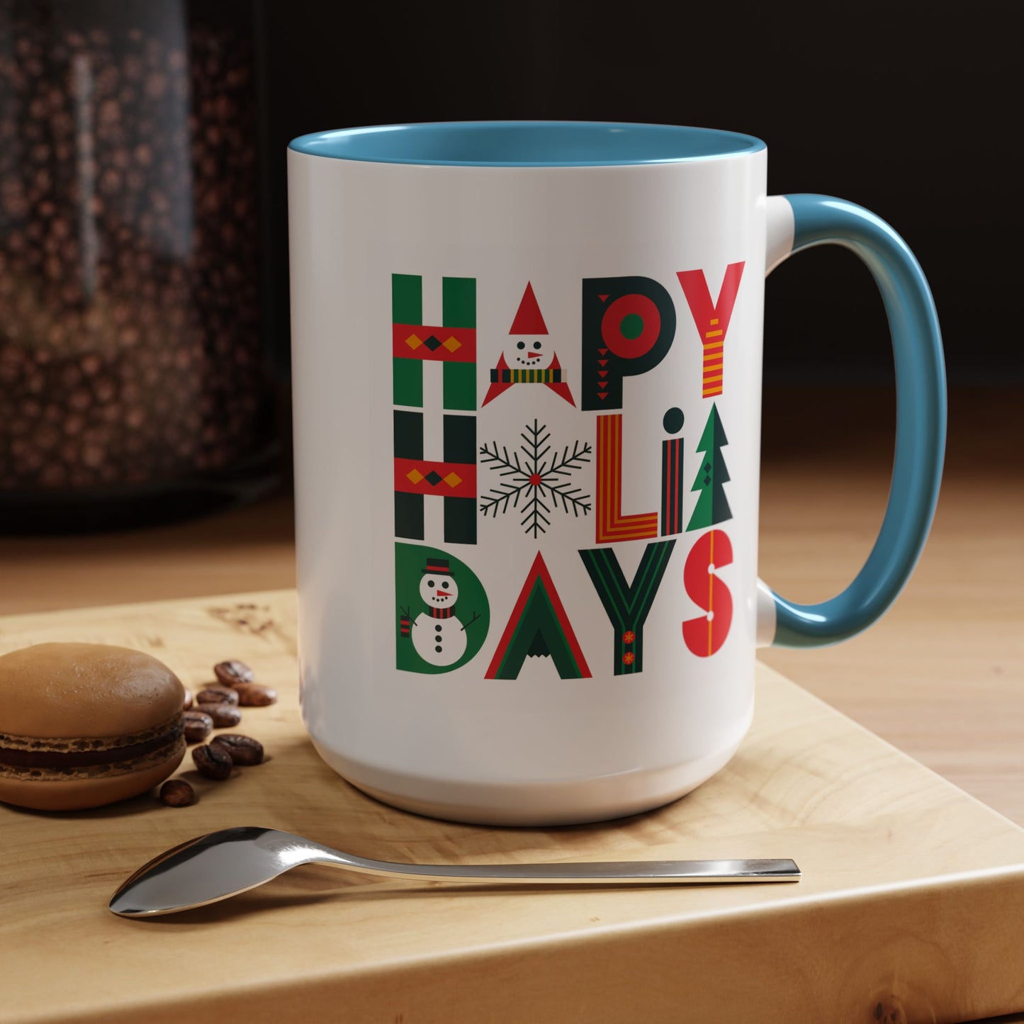 Christmas Mug - Happy Holidays Green Red & Blue Decorative Text