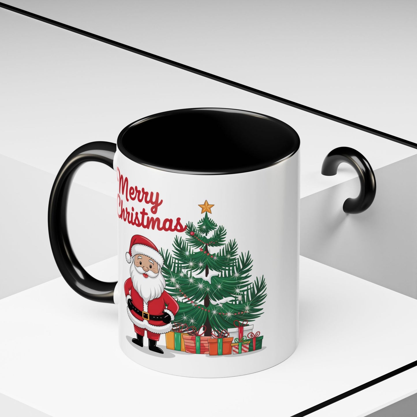 Christmas Mug - Merry Christmas Red Text Santa Tree Presents