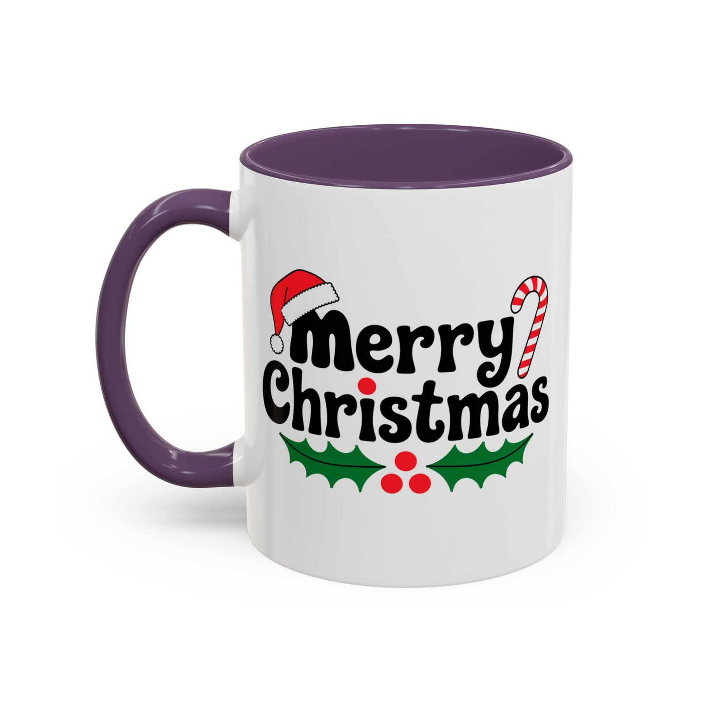Christmas Mug - Merry Christmas Black Text Hat Candy Cane Mistletoe
