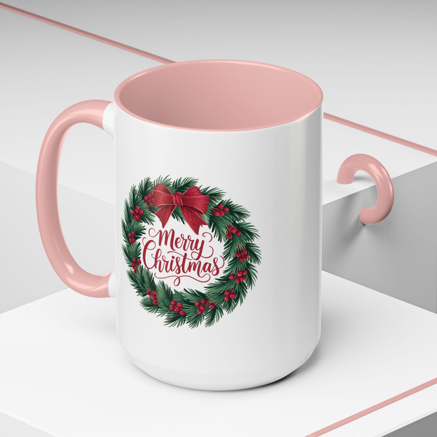 Christmas Mug - Merry Christmas Red Text Bow Wreath