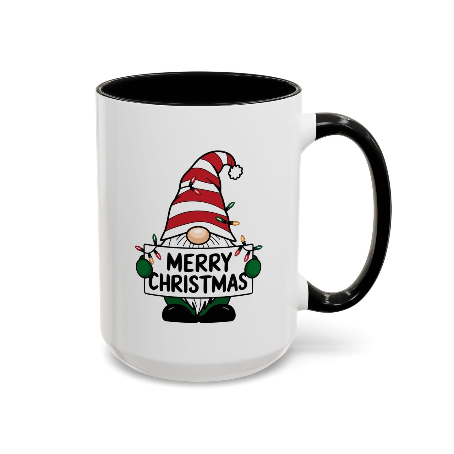 Christmas Mug - Merry Christmas Black Text Gnome Lights