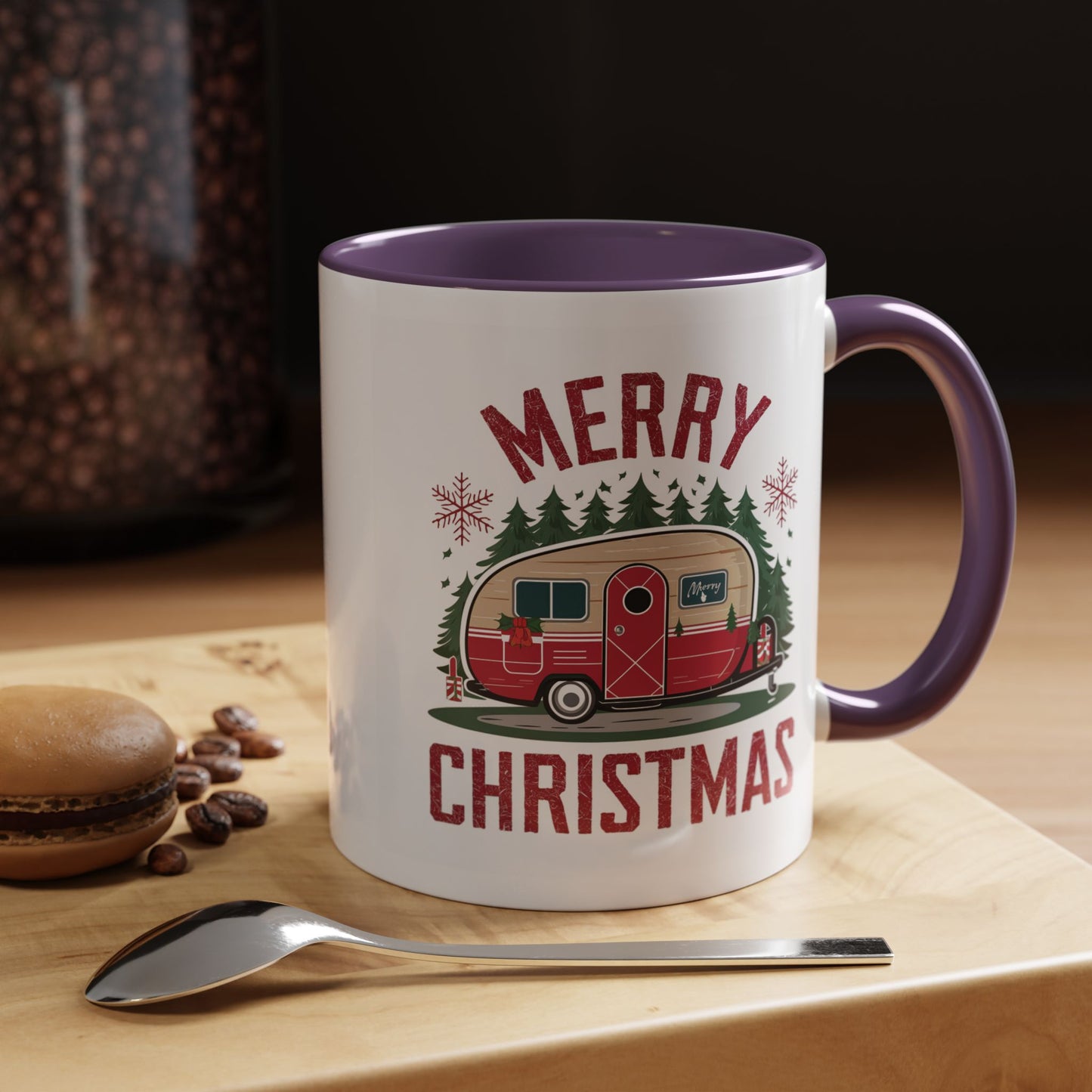 Christmas Mug - Merry Christmas Maroon Text Camper Trees Snowflakes