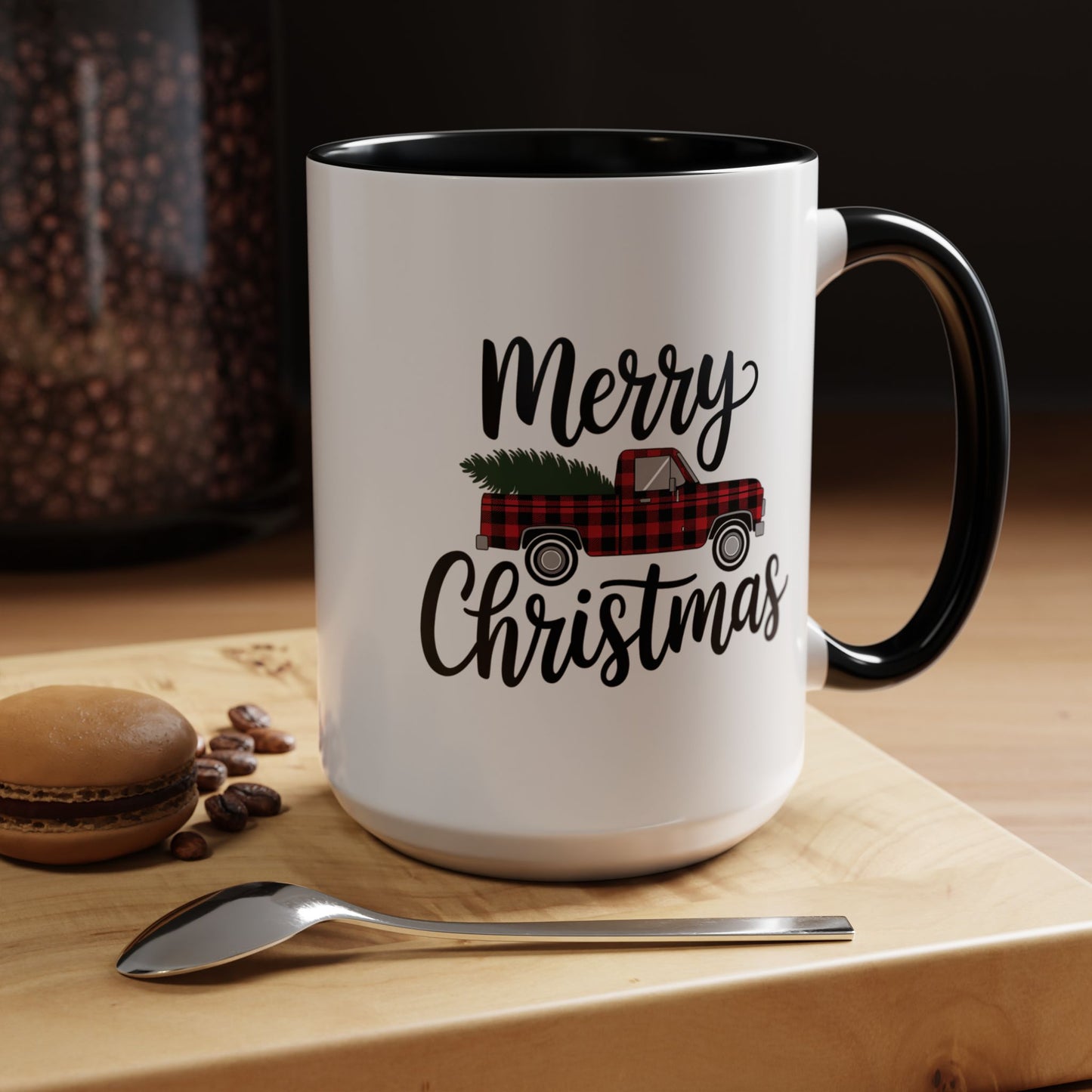 Christmas Mug - Merry Christmas Black Text Tartan Truck