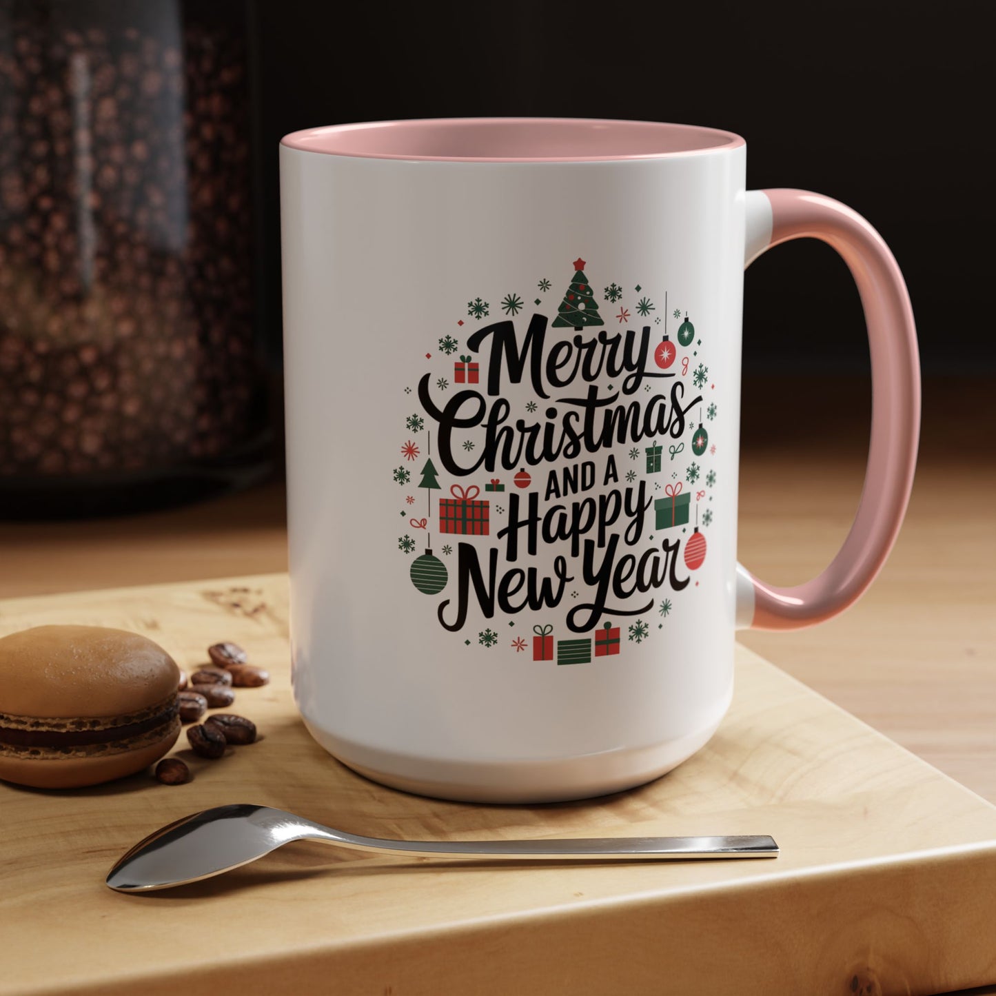 Christmas Mug - Merry Christmas and a Happy New Year Black Text Tree Ornaments Presents