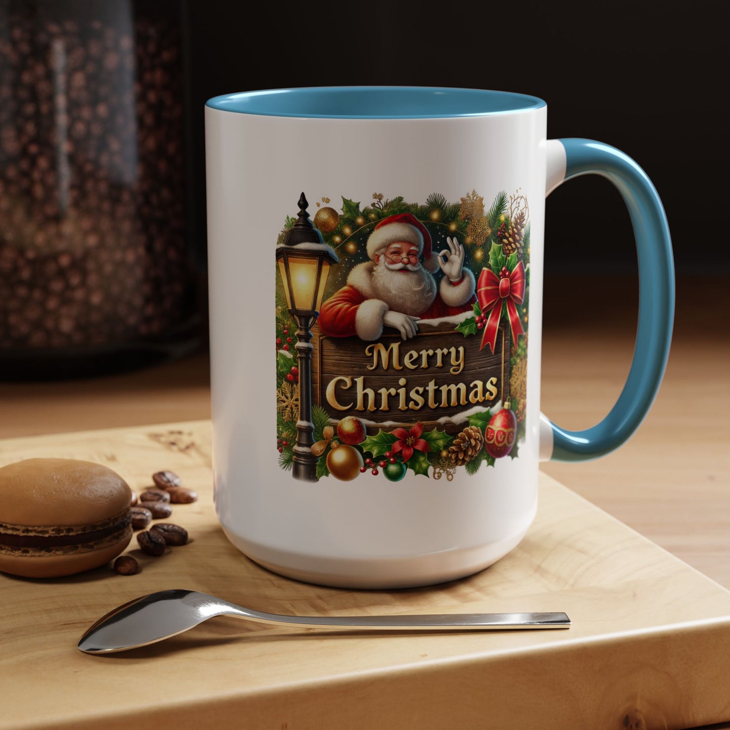 Christmas Mug - Merry Christmas Cream Text Santa Ok Light Bow Ornaments