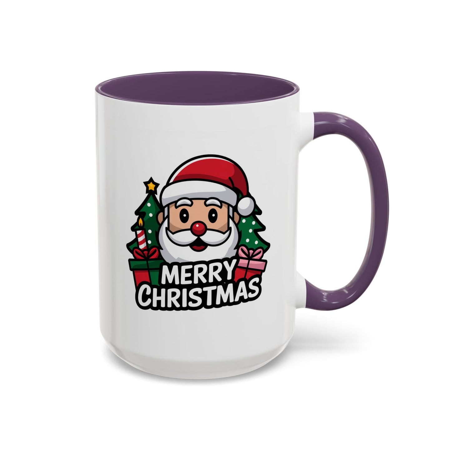 Christmas Mug - Merry Christmas White & Black Text Santa Trees Presents