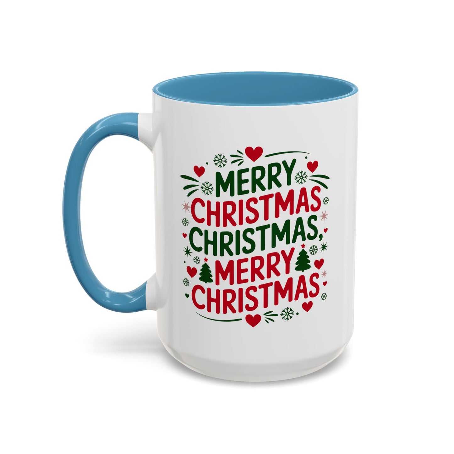 Christmas Mug - Merry Christmas Green & Red Text Trees Hearts Snowflakes Stars