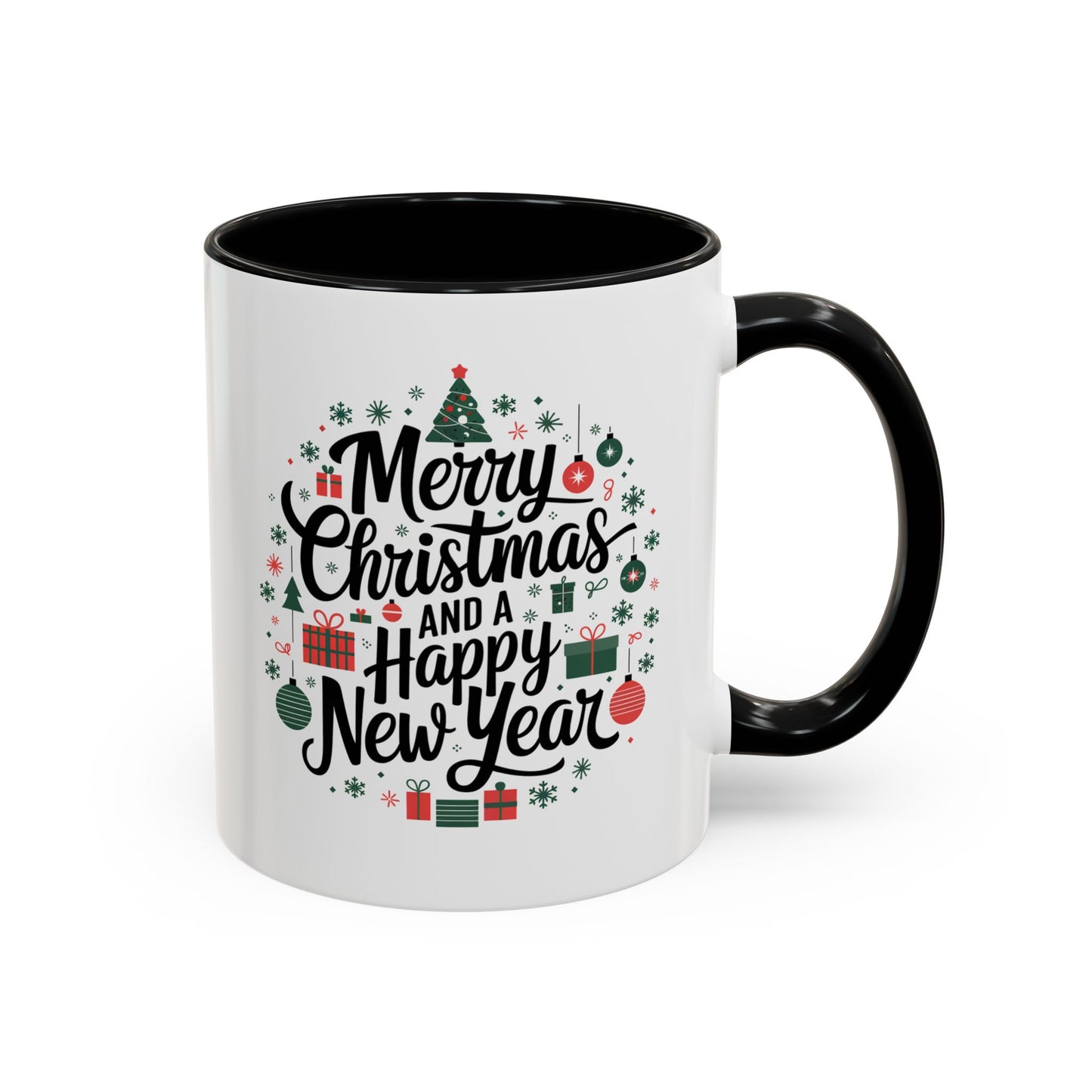 Christmas Mug - Merry Christmas and a Happy New Year Black Text Tree Ornaments Presents