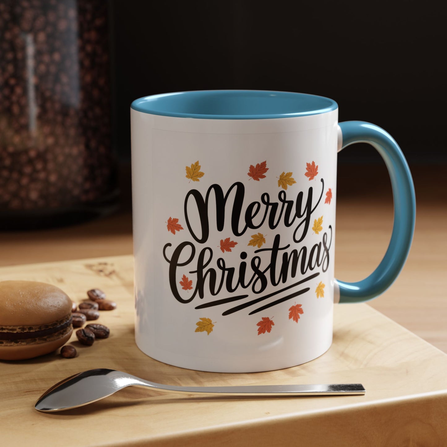 Christmas Mug - Merry Christmas Black Text Fall Leaves