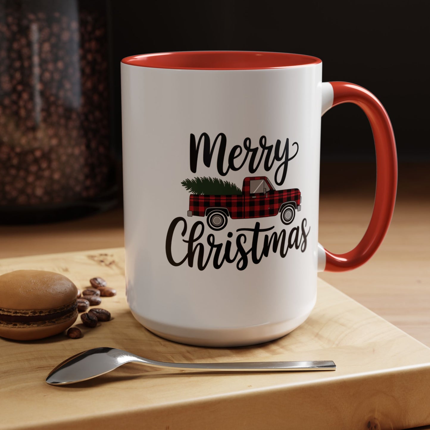 Christmas Mug - Merry Christmas Black Text Tartan Truck
