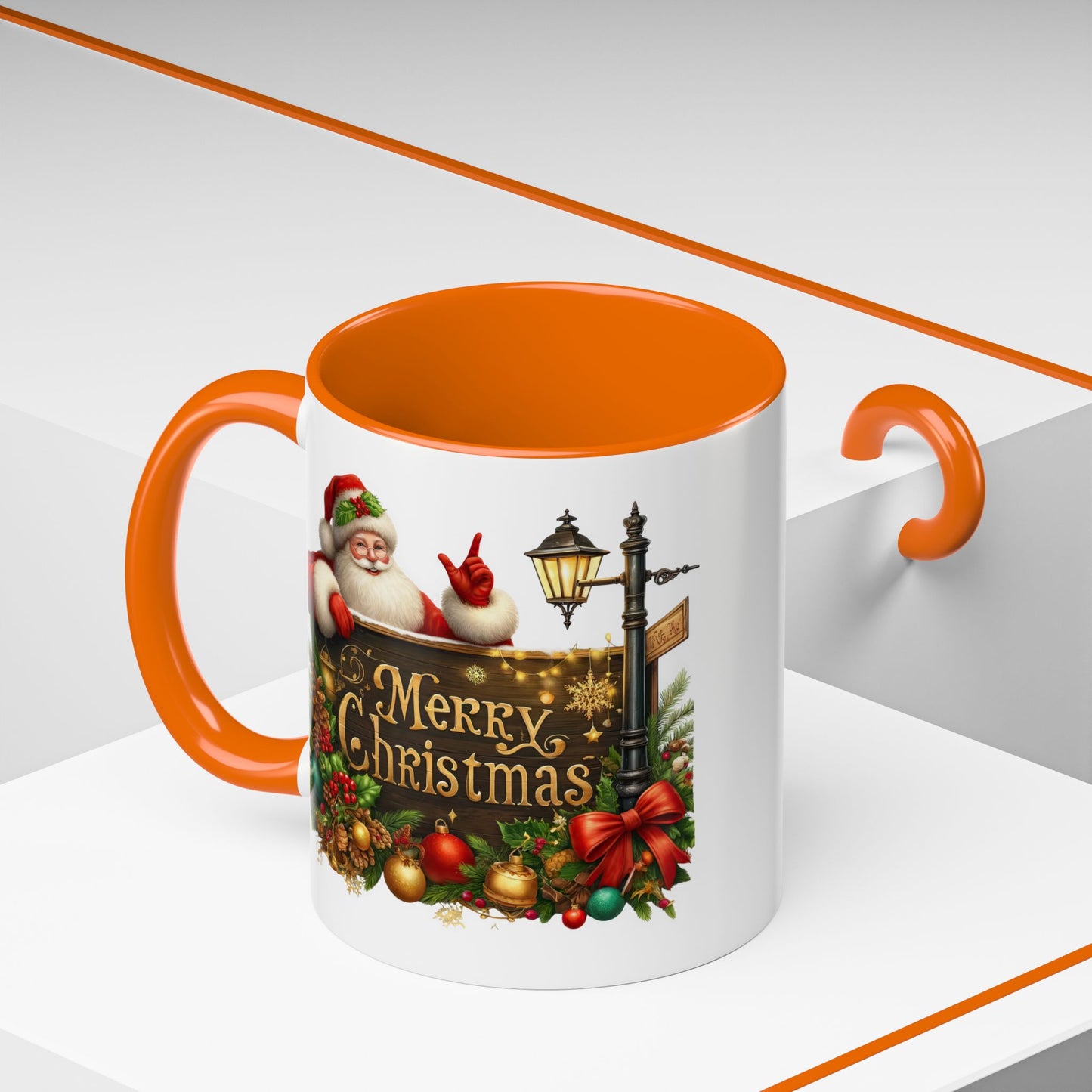 Christmas Mug - Merry Christmas Gold Text Santa Point Ornaments