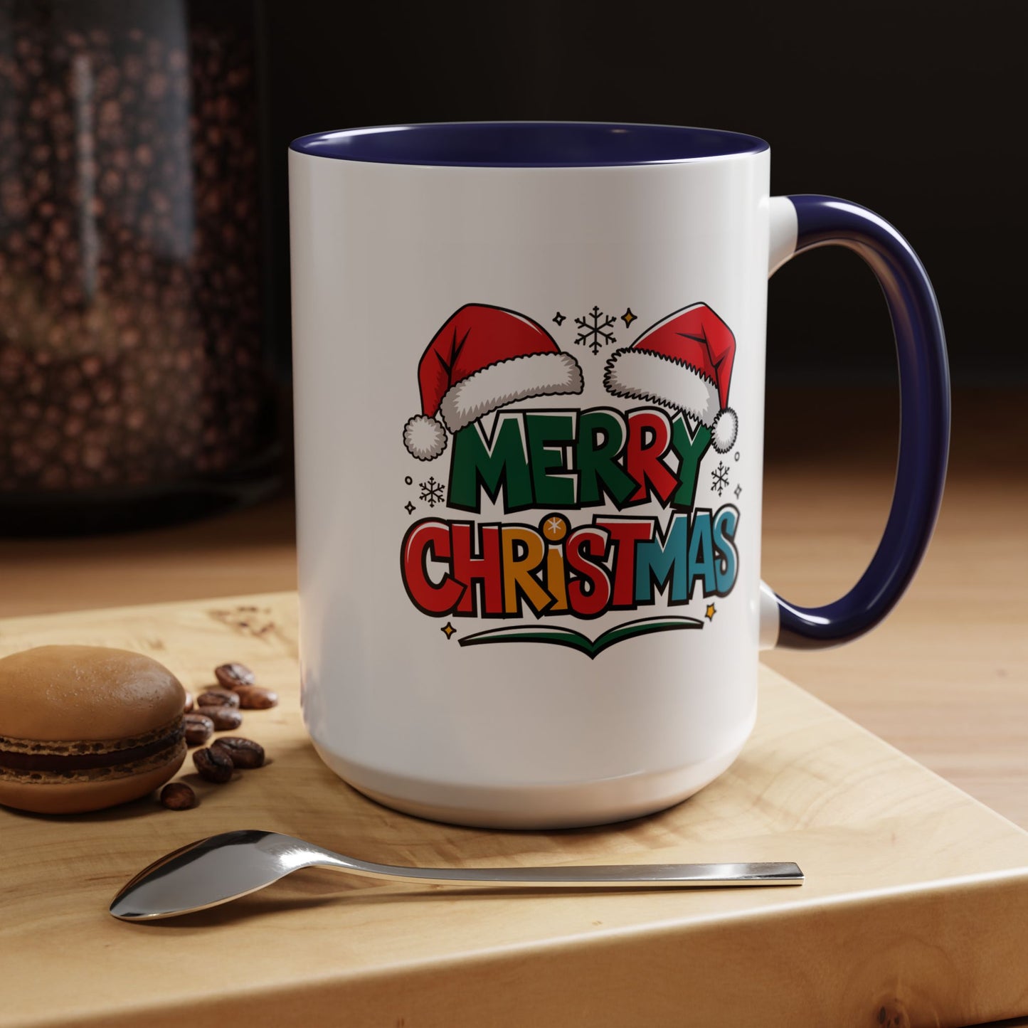 Christmas Mug - Merry Christmas Green Red Yellow and Blue Text Red Hats