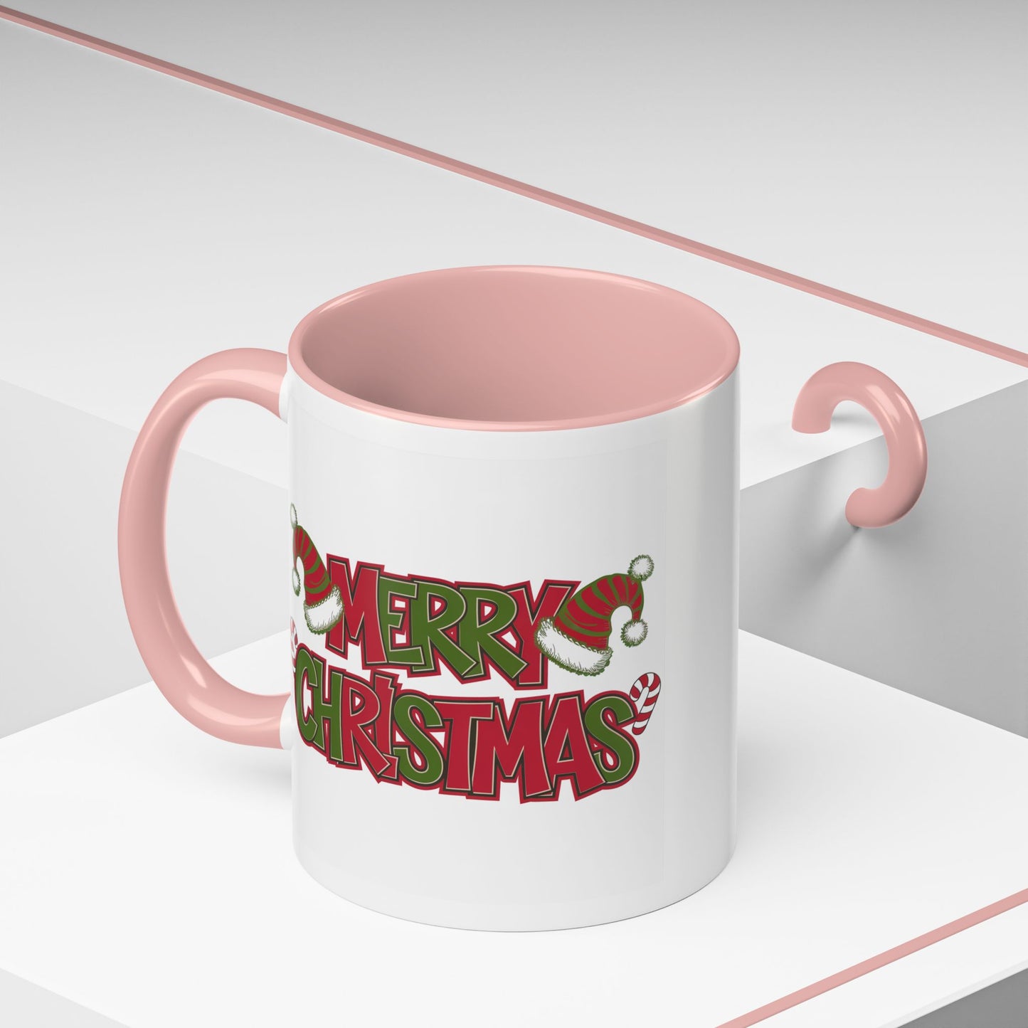 Christmas Mug - Merry Christmas Red & Green Text Hats Candy Canes