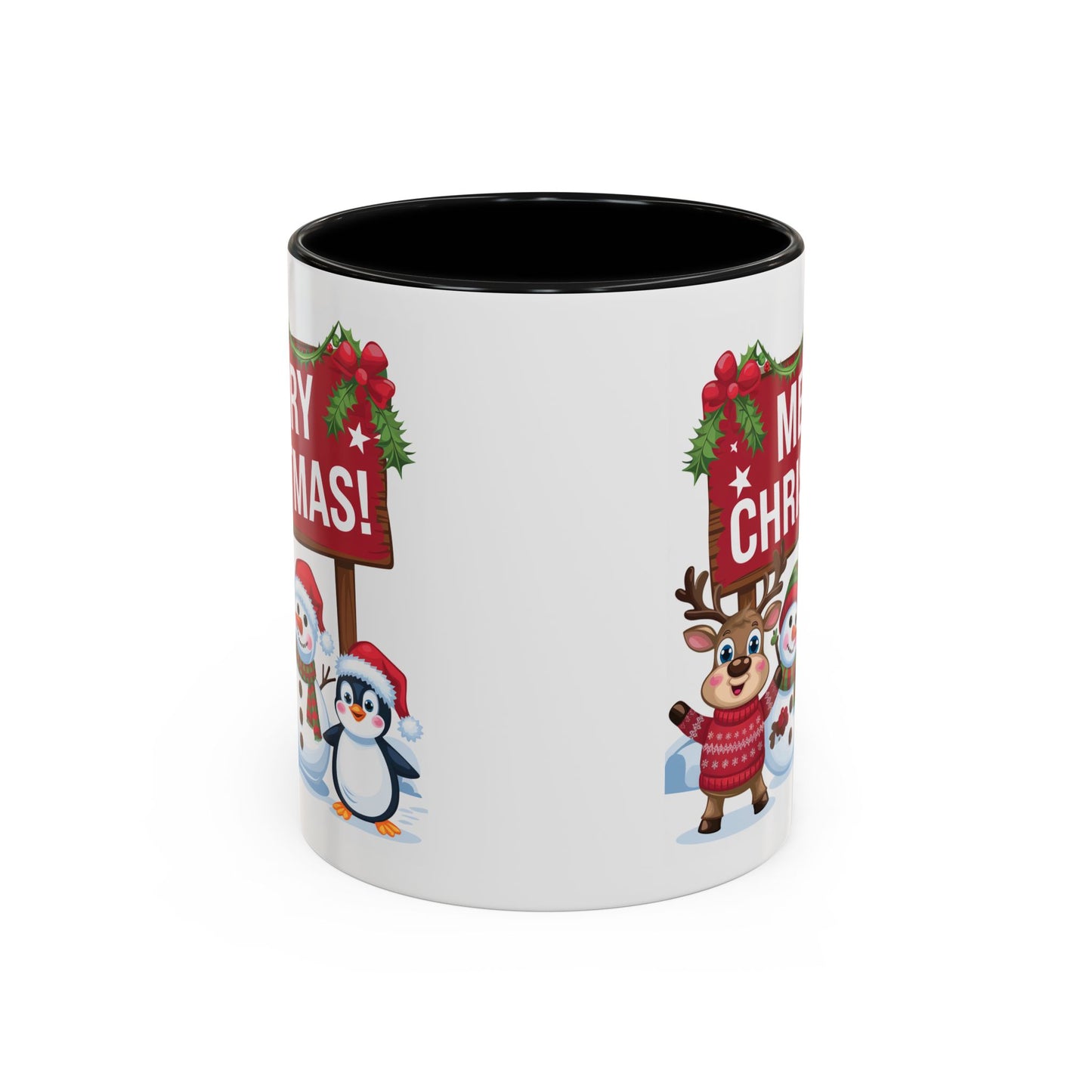 Christmas Mug - Merry Christmas White Text Reindeer Snowmen Penguin