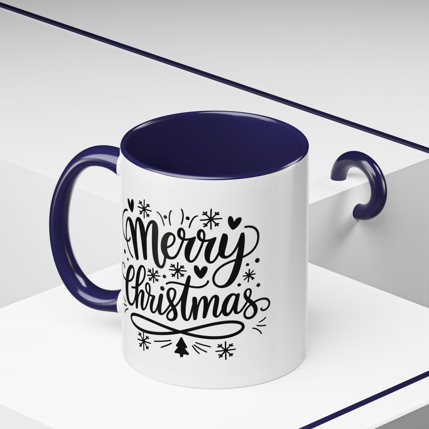Christmas Mug - Merry Christmas Black Text Tree Snowflakes Hearts