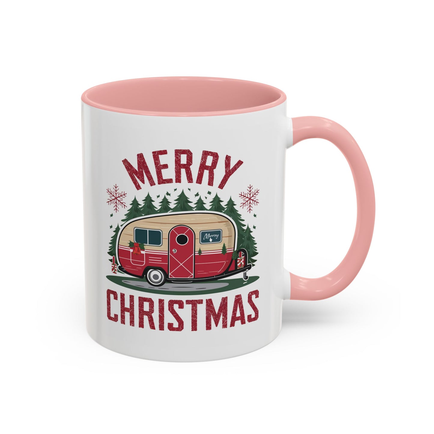 Christmas Mug - Merry Christmas Maroon Text Camper Trees Snowflakes