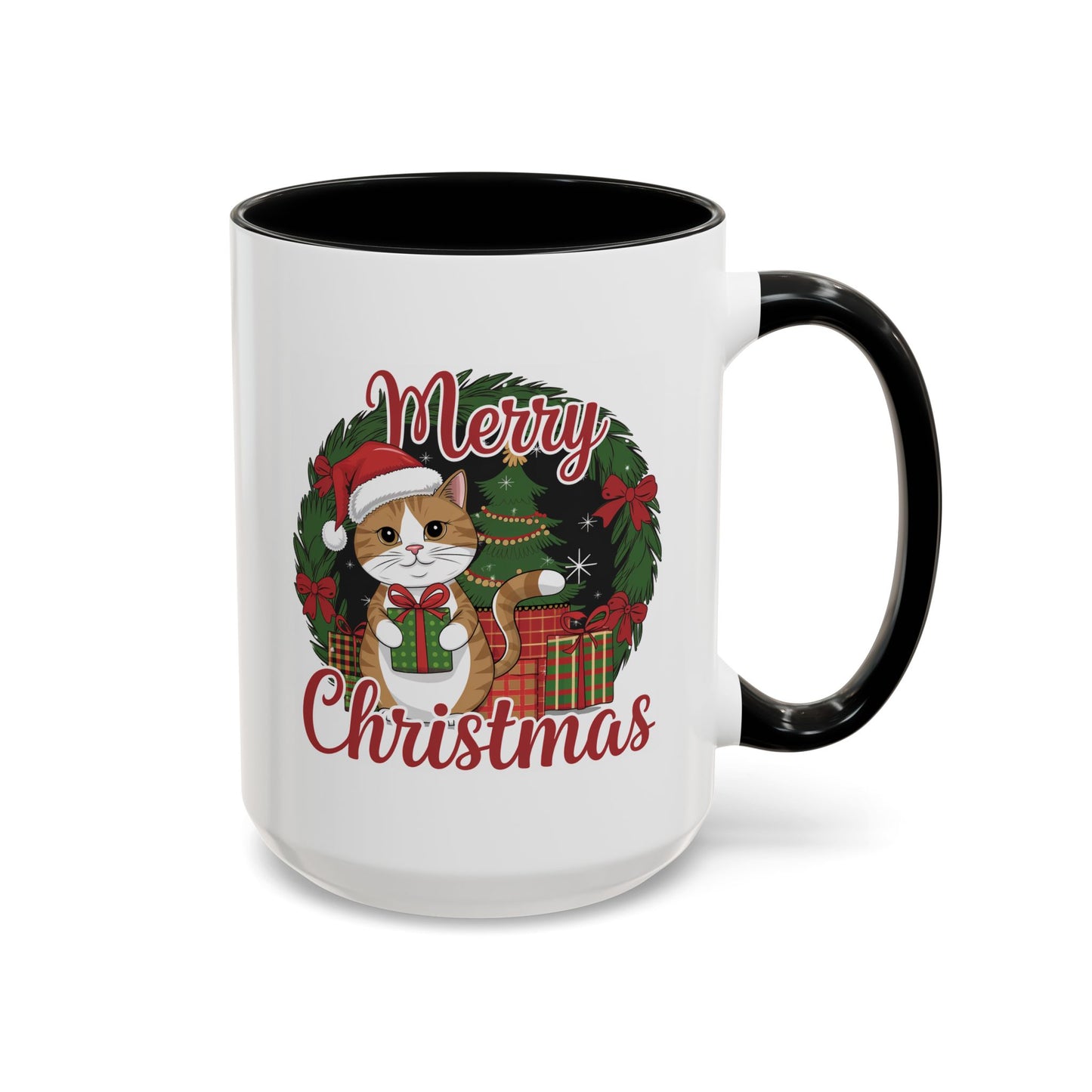 Christmas Mug - Merry Christmas Red Text Cat Presents Wreath