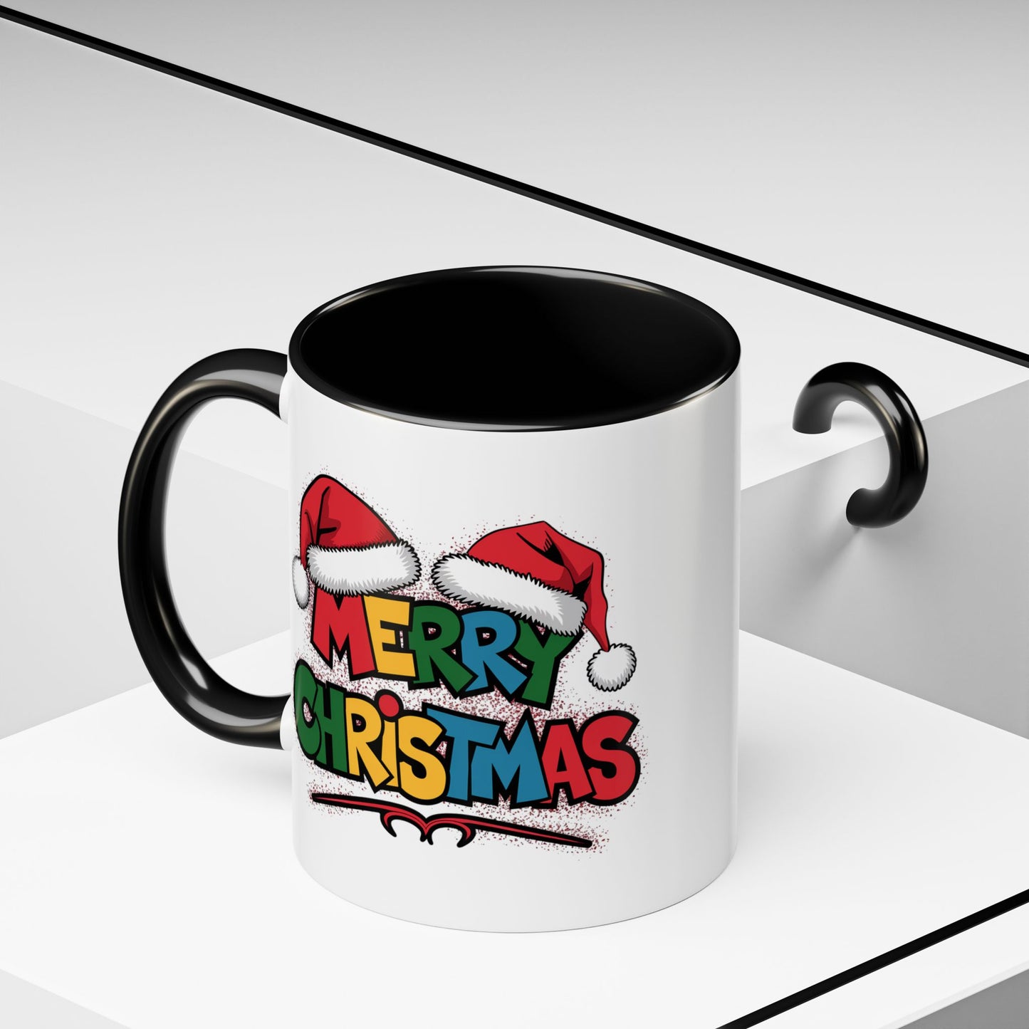 Christmas Mug - Merry Christmas Red Yellow & Blue Text Red Hats