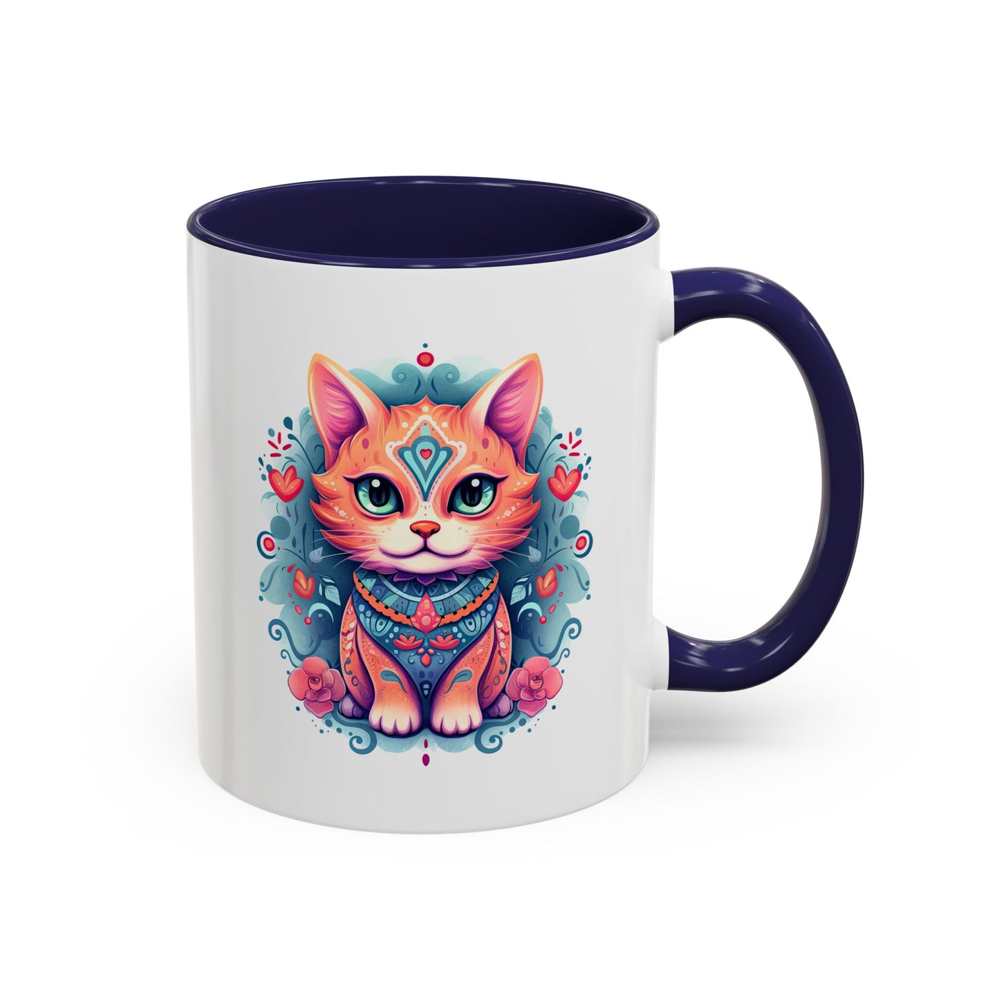 Animal  - Mystic Cat Turquoise & Coral Flowers
