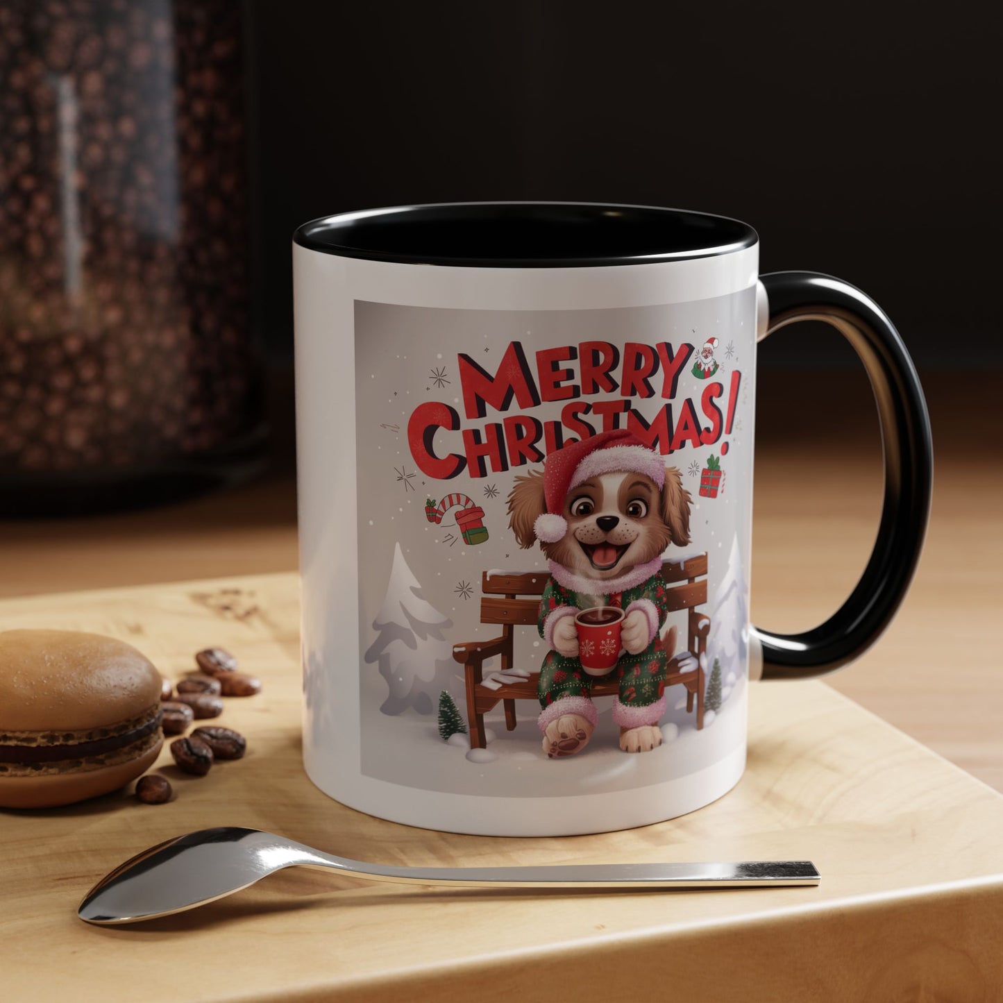 Christmas Mug - Merry Christmas Red Text Puppy Green & Red Top