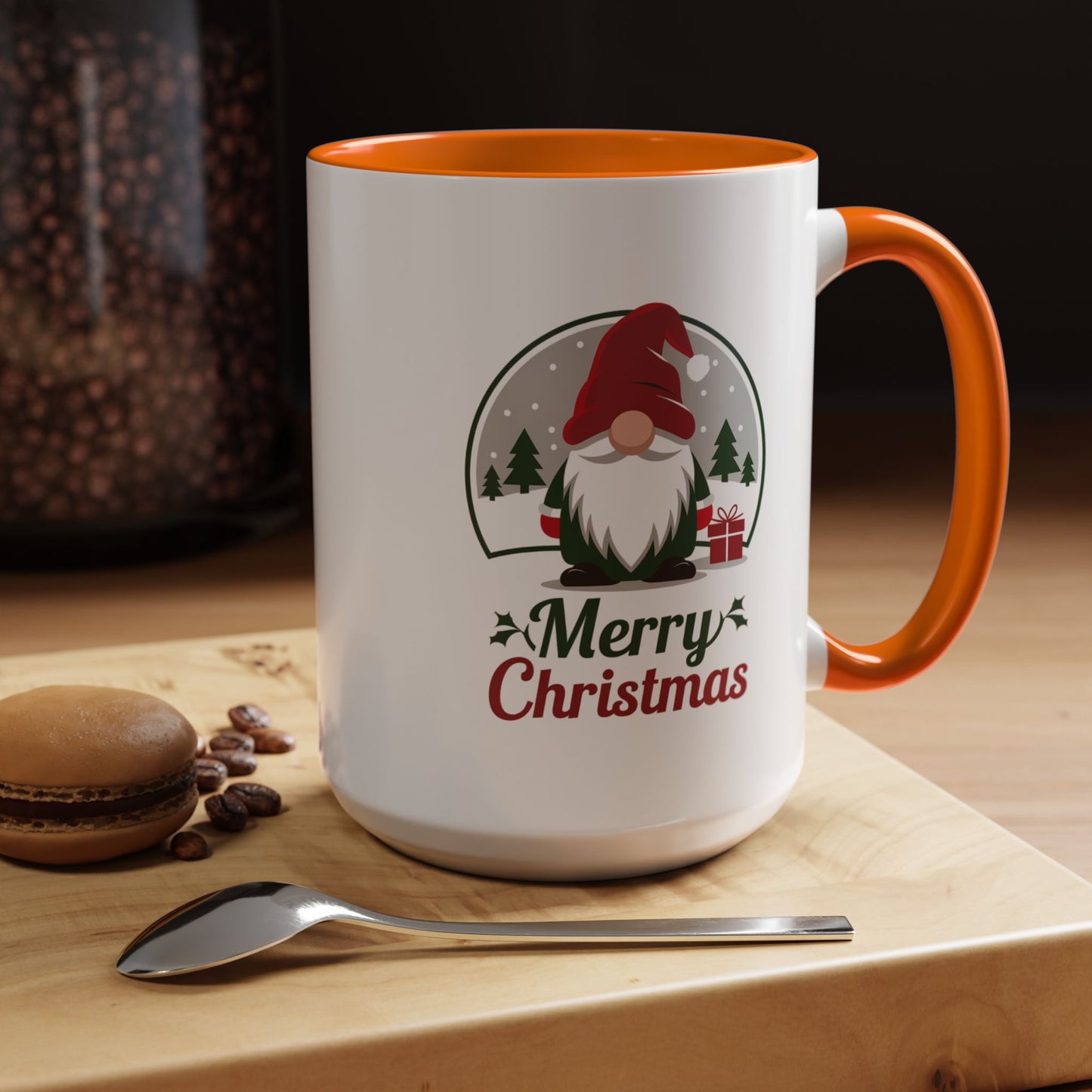 Christmas Mug - Merry Christmas Green & Red Text Gnome Present Trees