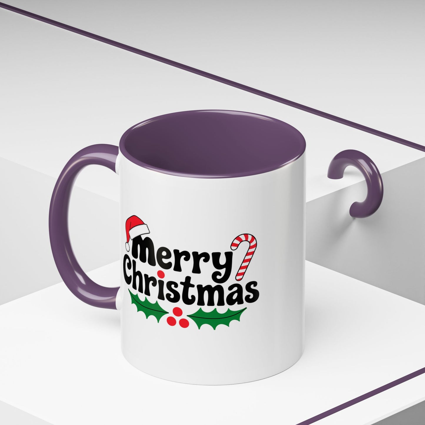 Christmas Mug - Merry Christmas Black Text Hat Cane Misletoe