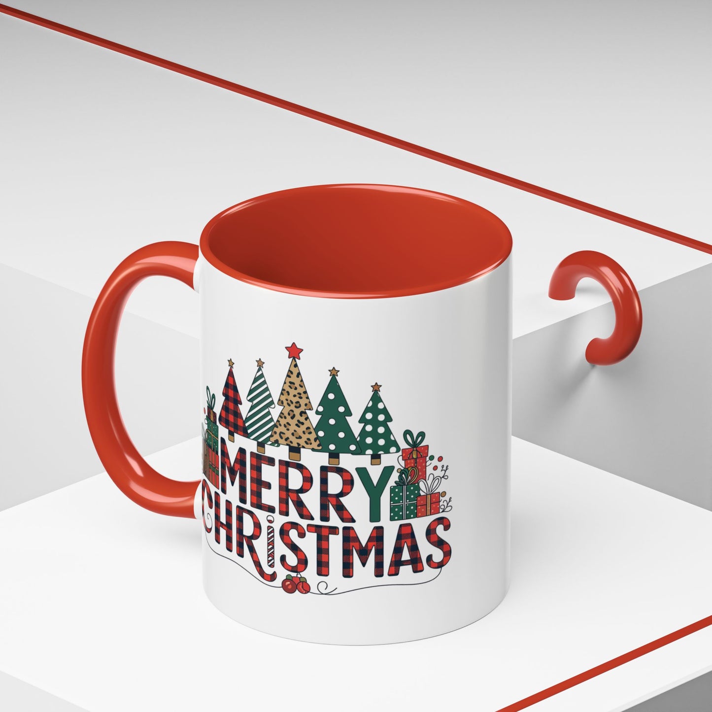 Christmas Mug - Merry Christmas Tartan Text Trees Presents