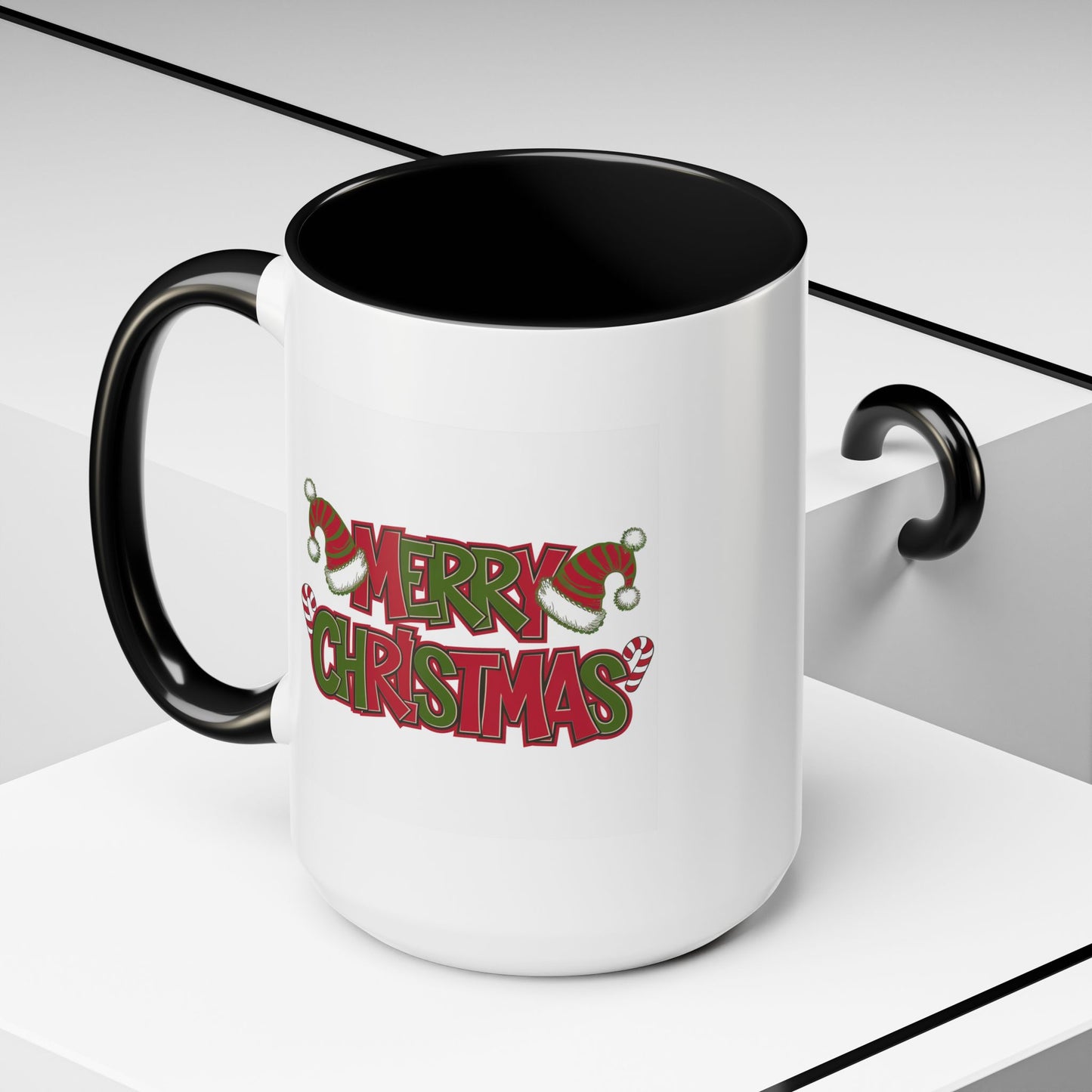 Christmas Mug - Merry Christmas Red & Green Text Hats Candy Canes