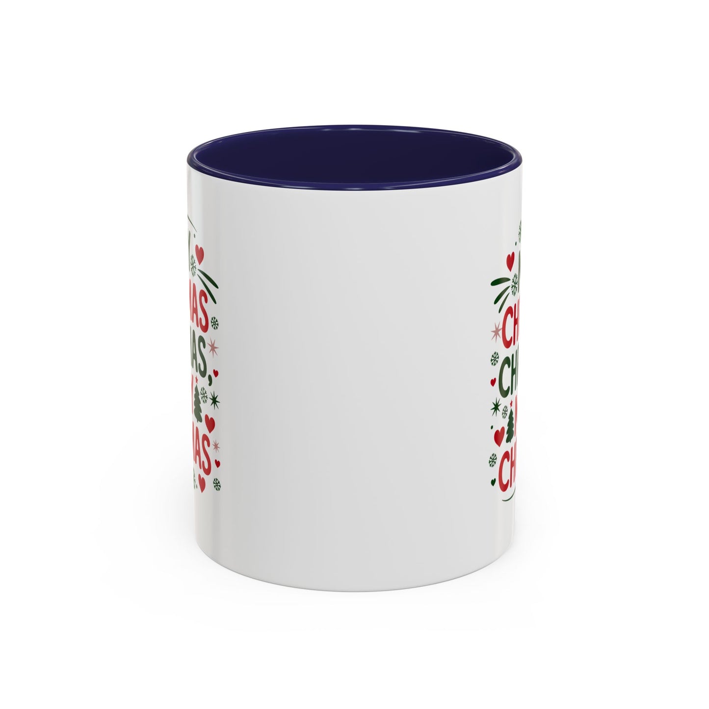 Christmas Mug - Merry Christmas Green & Red Text Trees Hearts Snowflakes Stars