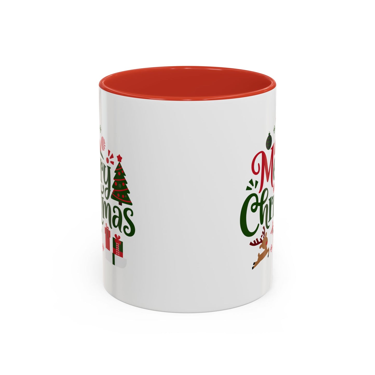 Christmas Mug - Merry Christmas Red & Green Text Santa Reindeer Tree Sleigh Ornaments