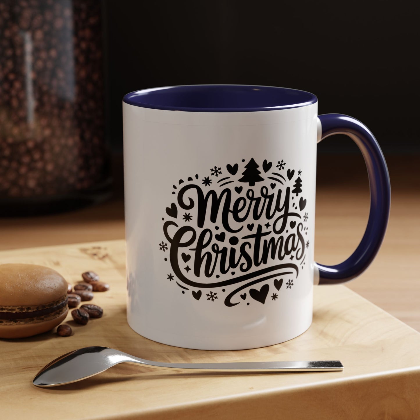 Christmas Mug - Merry Christmas Black Text Trees Snowflakes Hearts