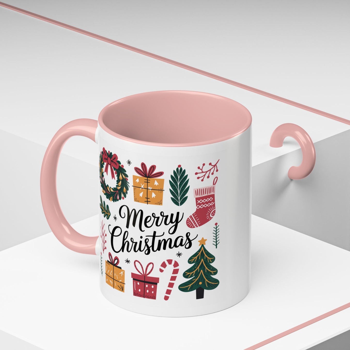 Christmas Mug - Merry Christmas Green Text Presents Tree Candy Cane