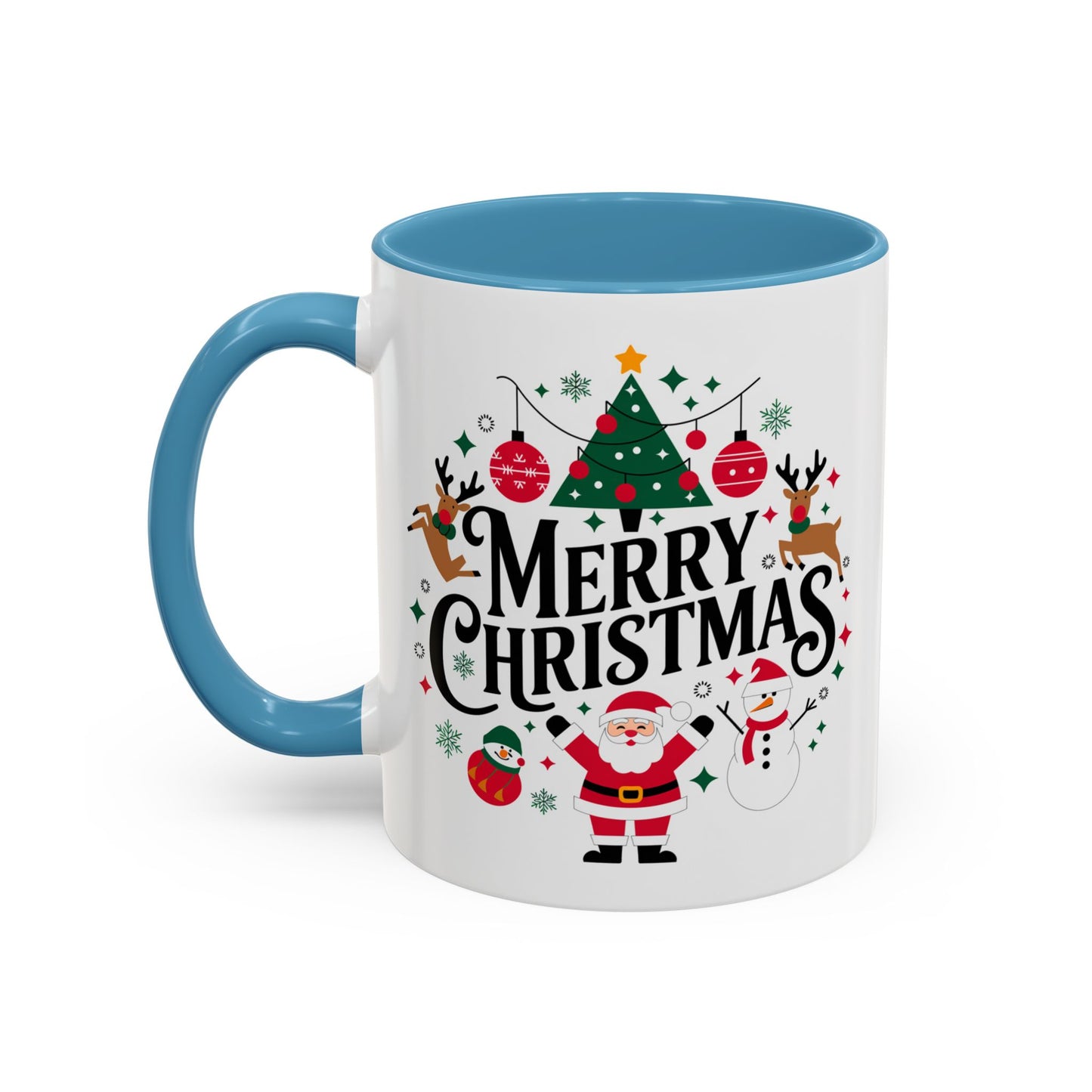 Christmas Mug - Merry Christmas Black Text Santa Reindeer Snowmen Ornaments