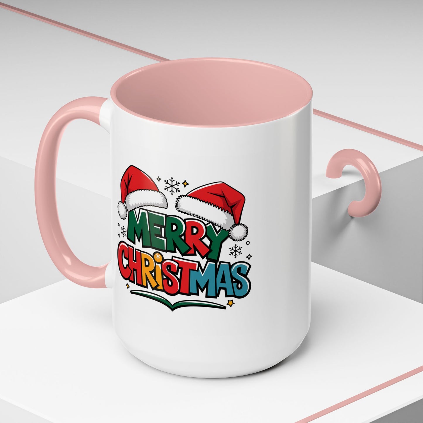 Christmas Mug - Merry Christmas Green Red Yellow and Blue Text Red Hats