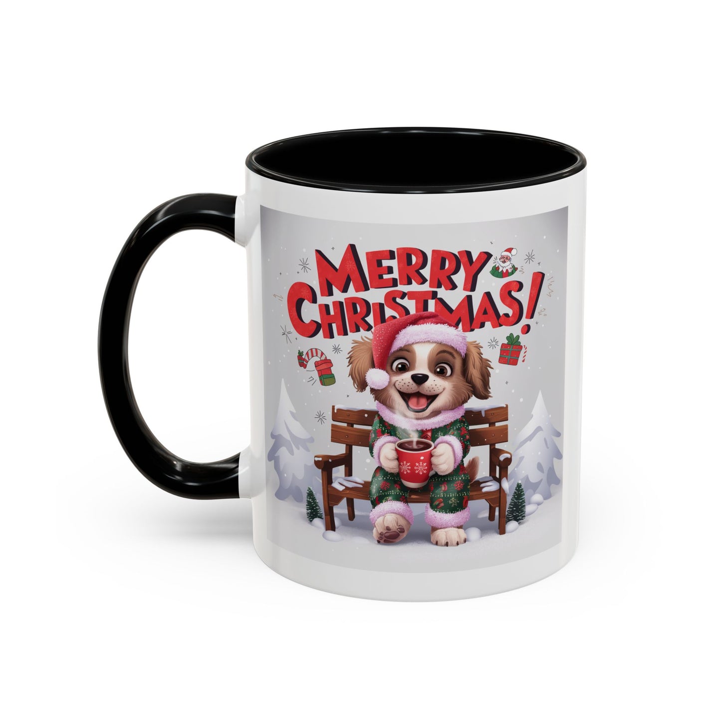 Christmas Mug - Merry Christmas Red Text Puppy Green & Red Top