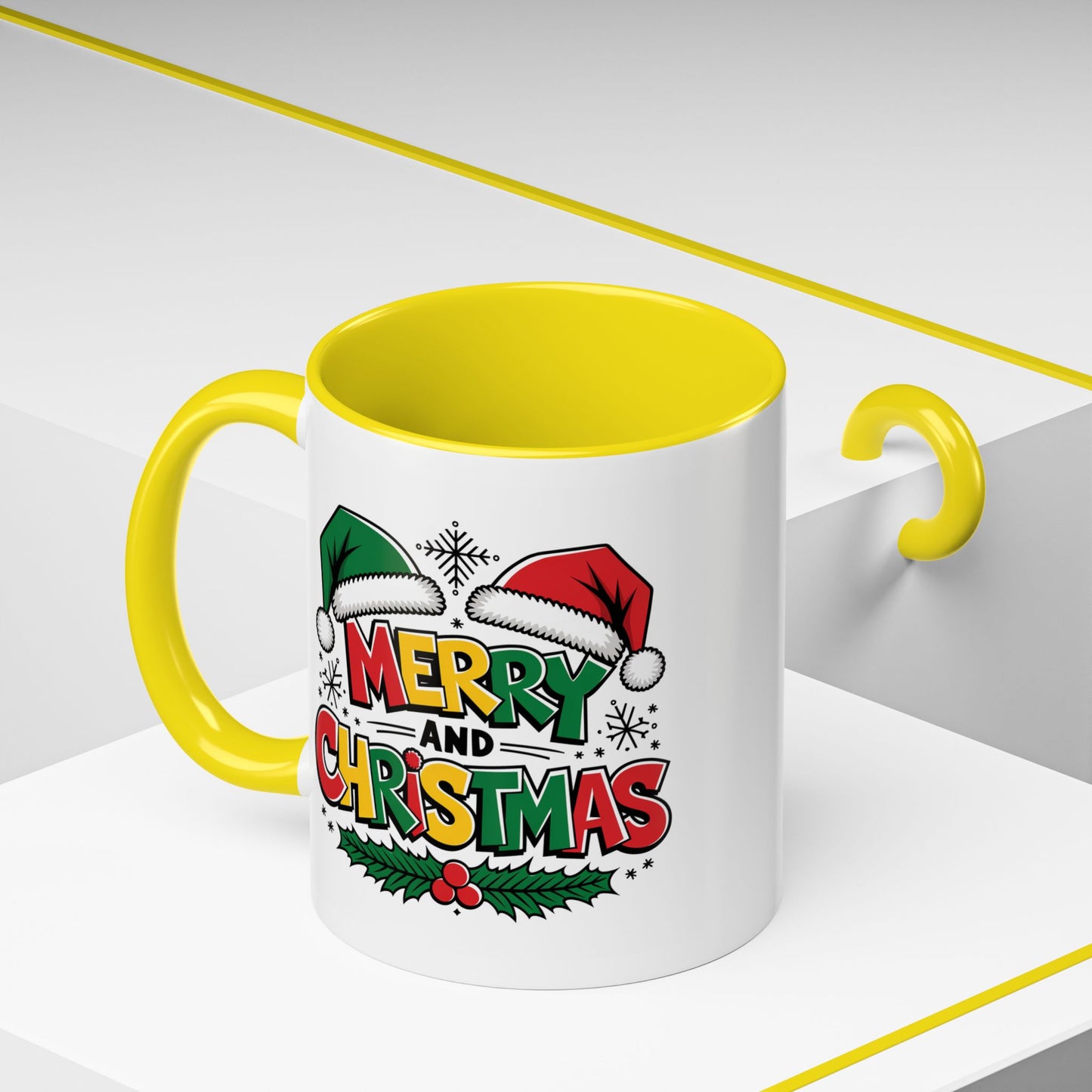 Christmas Mug - Merry Christmas Red Yellow & Green Text Green & Red Hat